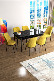 Conjunto de mesa de jantar extensível e cadeiras (7 peças)-Han-Mármore Preto
Mostarda