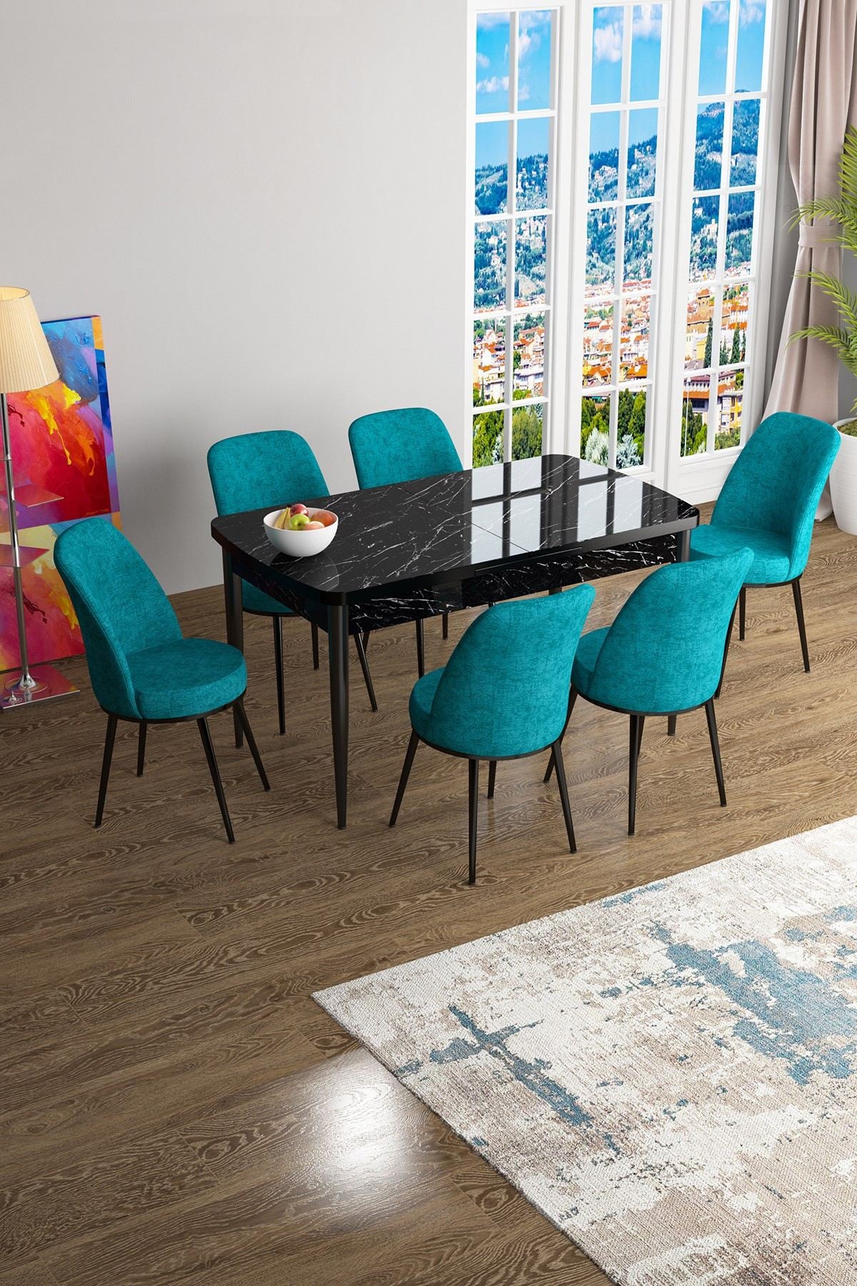 Conjunto de mesa de jantar extensível e cadeiras (7 peças)-Han-Mármore Preto
Turquesa