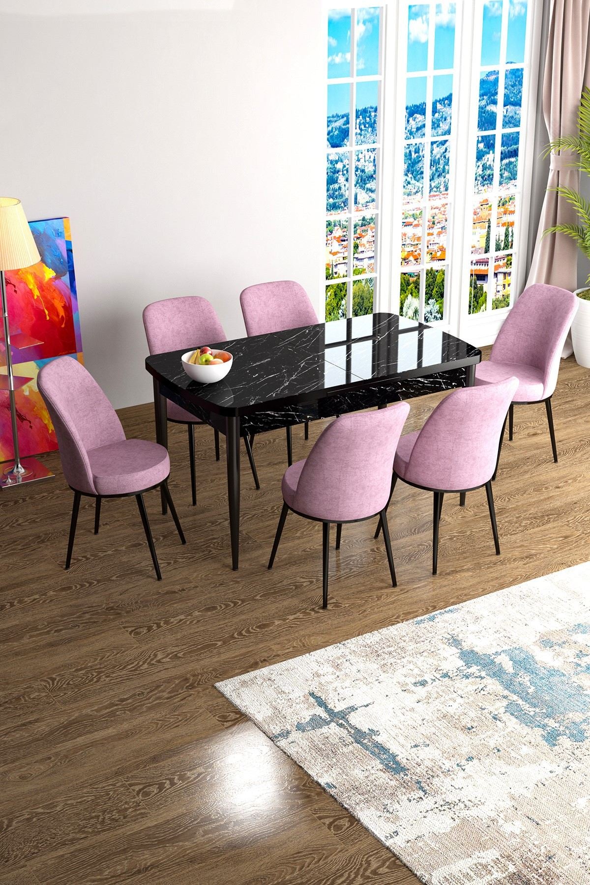Conjunto de mesa de jantar extensível e cadeiras (7 peças)-Han-Mármore Preto
Rosa