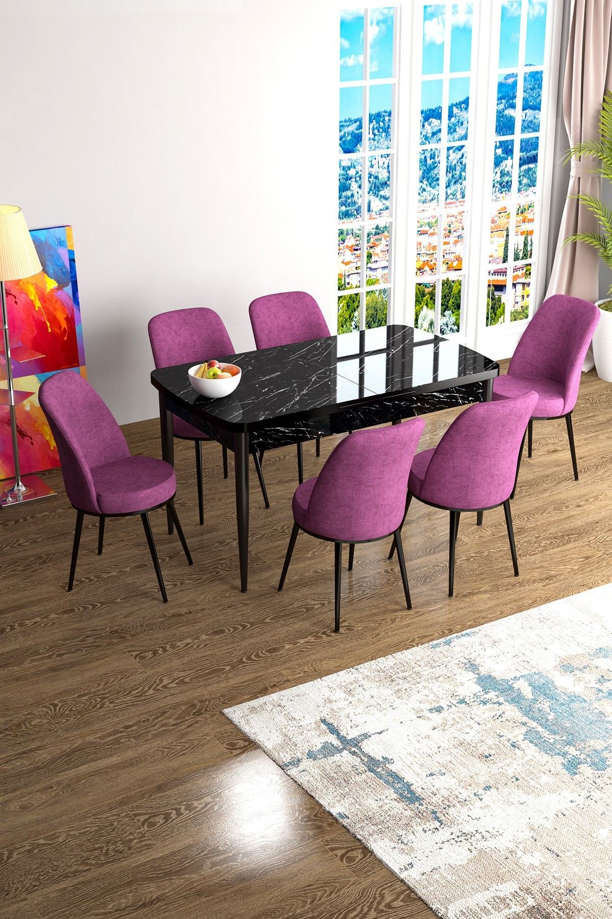 Conjunto de mesa de jantar extensível e cadeiras (7 peças)-Han-Mármore Preto
Roxo