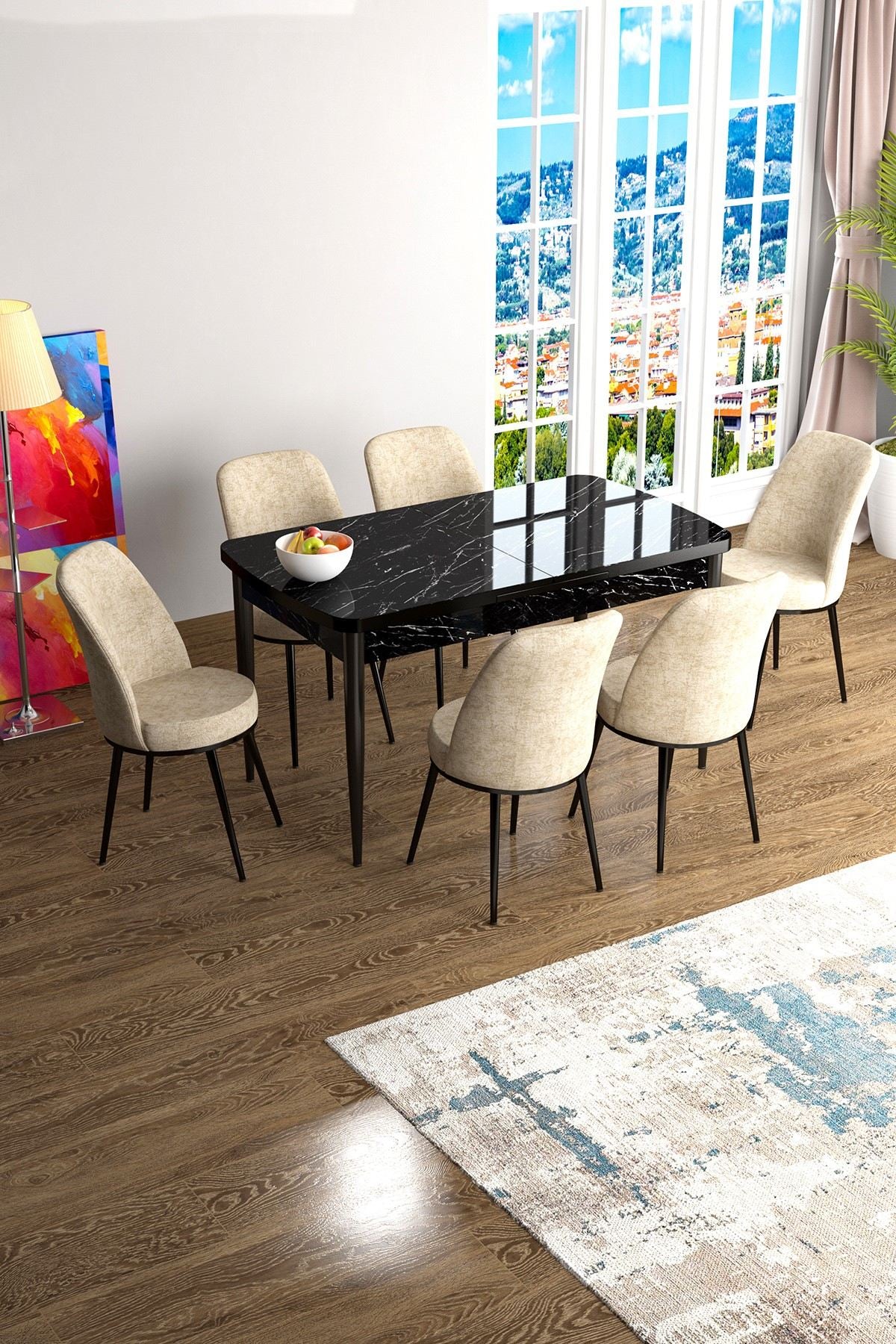 Conjunto de mesa de jantar extensível e cadeiras (7 peças)-Han-Mármore Preto
Creme