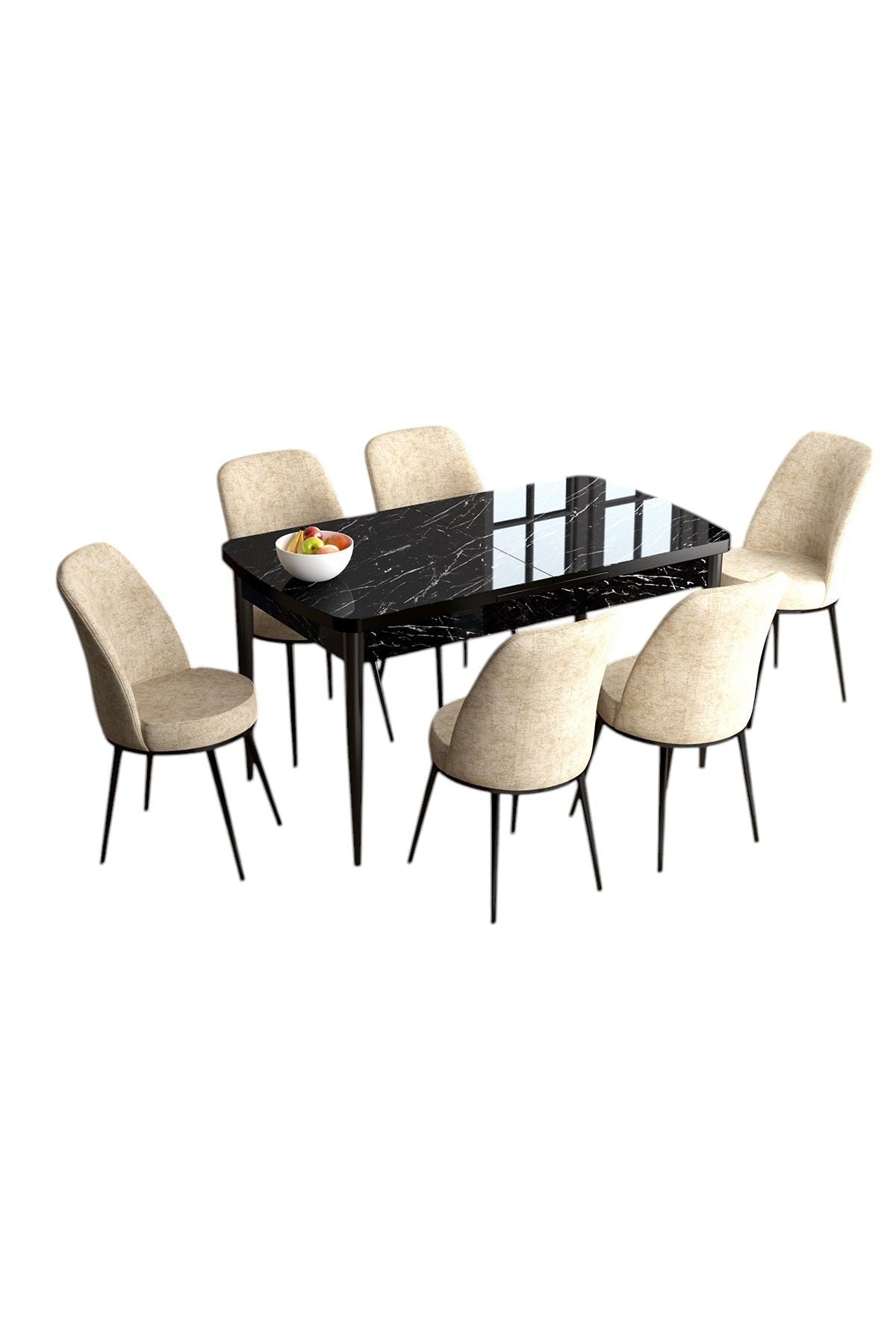 Conjunto de mesa de jantar extensível e cadeiras (7 peças)-Han-Mármore Preto
Creme