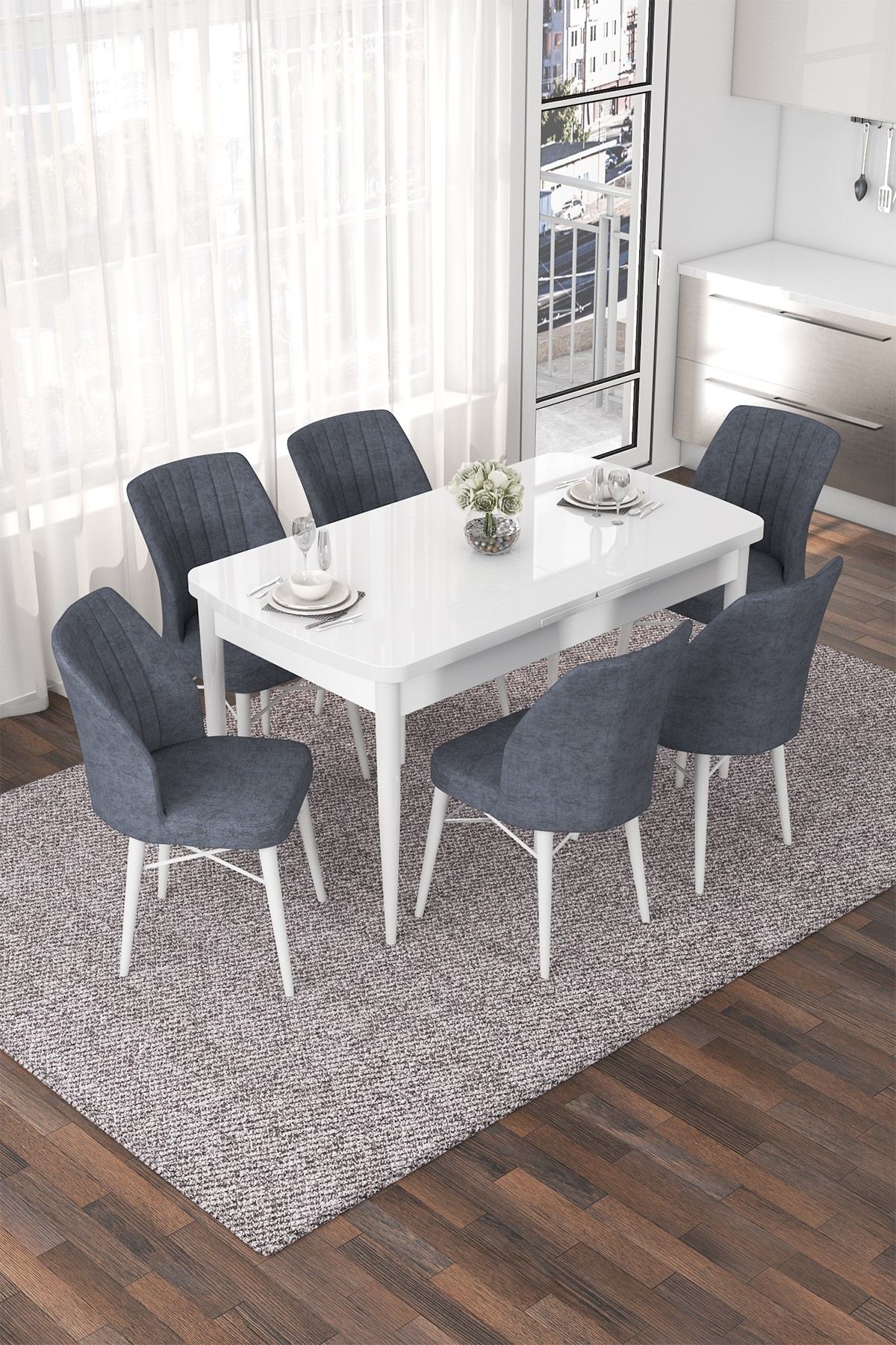 Conjunto de mesa de jantar extensível e cadeiras (7 peças)-Nef-Fumaça Branca