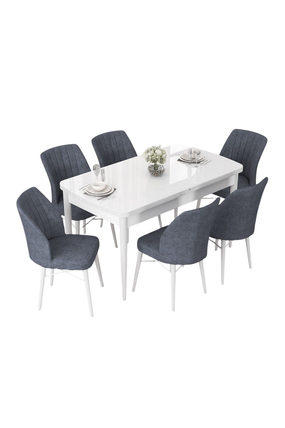 Conjunto de mesa de jantar extensível e cadeiras (7 peças)-Nef-Fumaça Branca