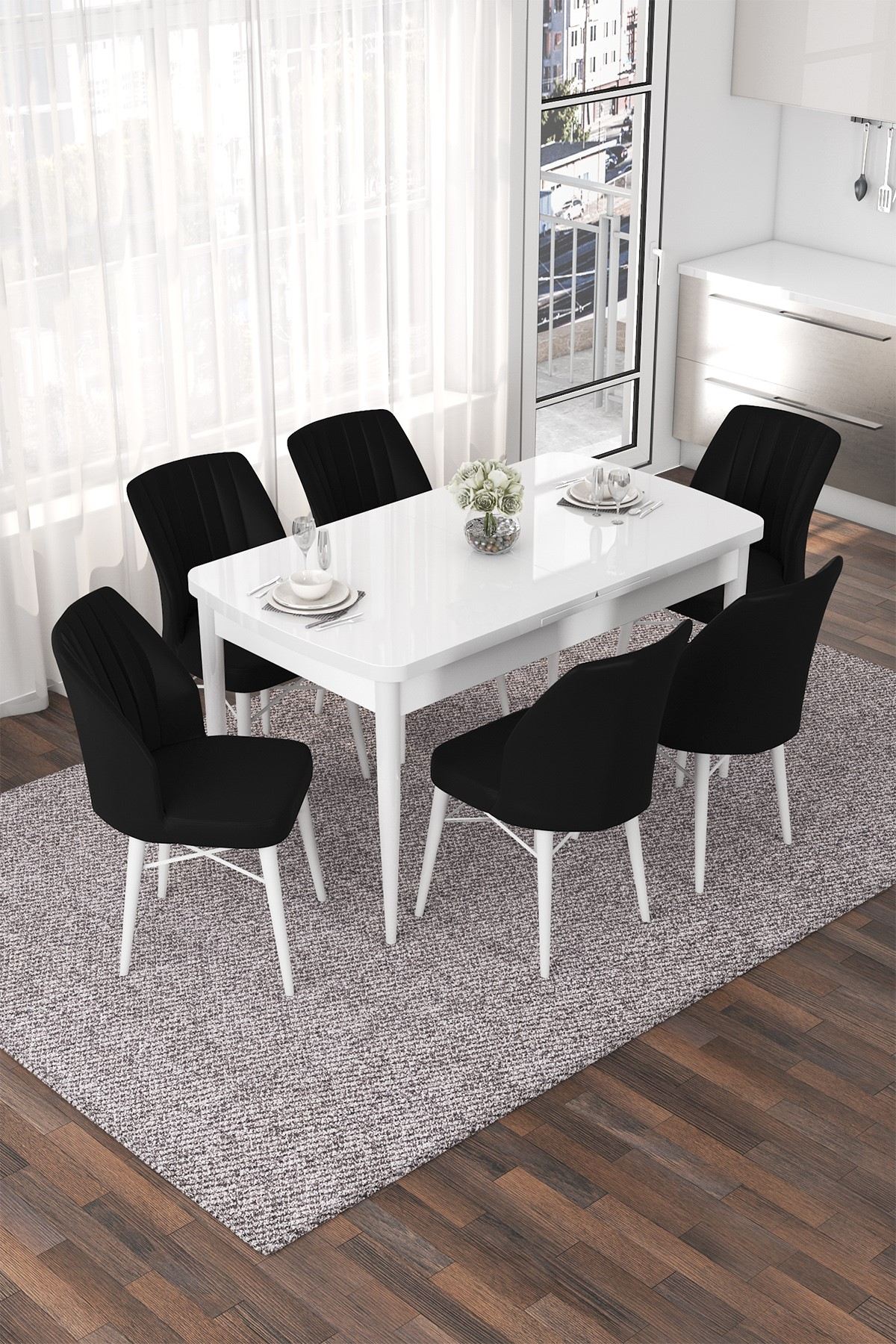Conjunto de mesa de jantar extensível e cadeiras (7 peças)-Nef-Branco
Preto