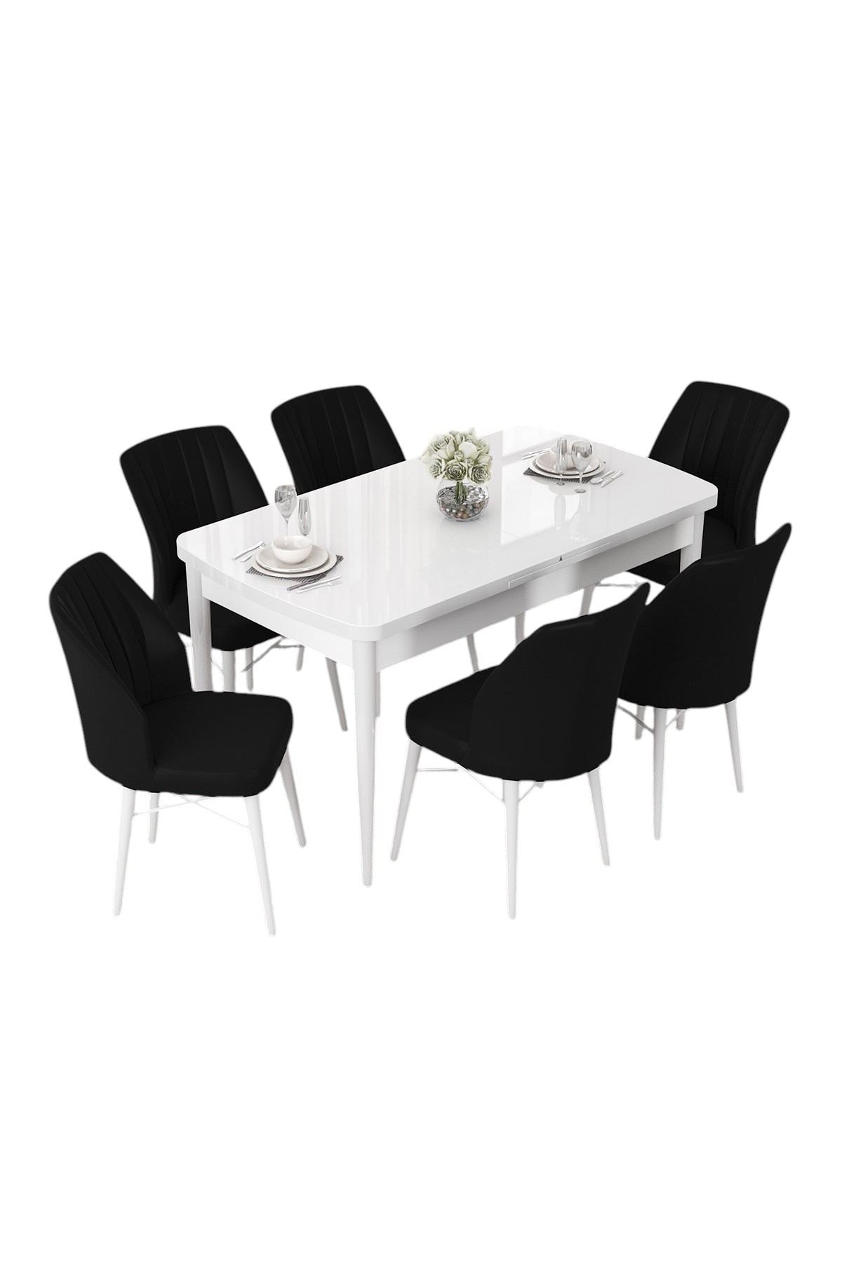 Conjunto de mesa de jantar extensível e cadeiras (7 peças)-Nef-Branco
Preto