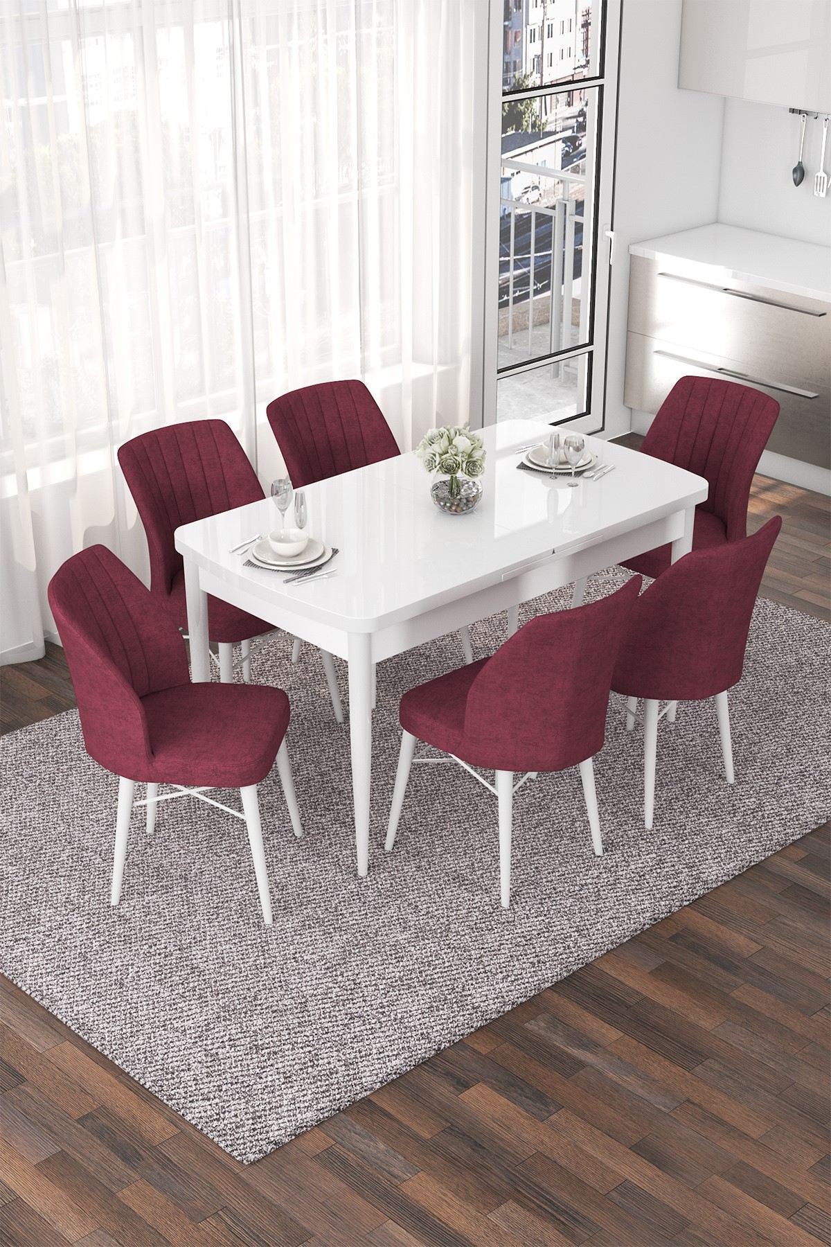Conjunto de mesa de jantar extensível e cadeiras (7 peças)-Nef-Branco
Bordô
