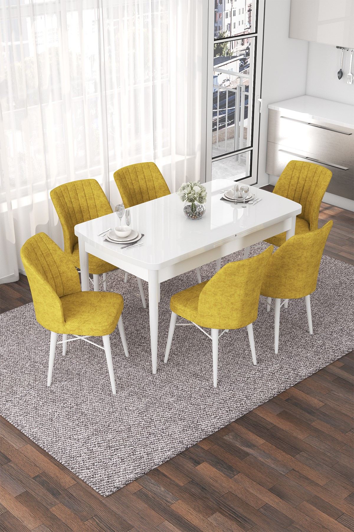 Conjunto de mesa de jantar extensível e cadeiras (7 peças)-Nef-Mostarda
branca