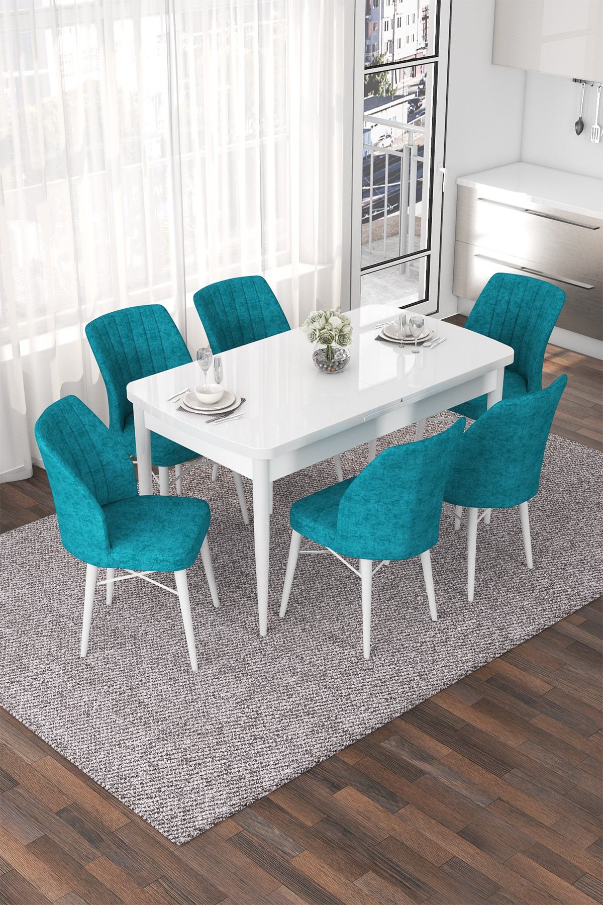 Conjunto de mesa de jantar extensível e cadeiras (7 peças)-Nef-Branco
Turquesa
