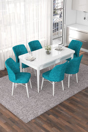 Conjunto de mesa de jantar extensível e cadeiras (7 peças) – 114 cm x 78 cm x 70 cm (fechada) – Branco e Turquesa – MDF com pernas de madeira