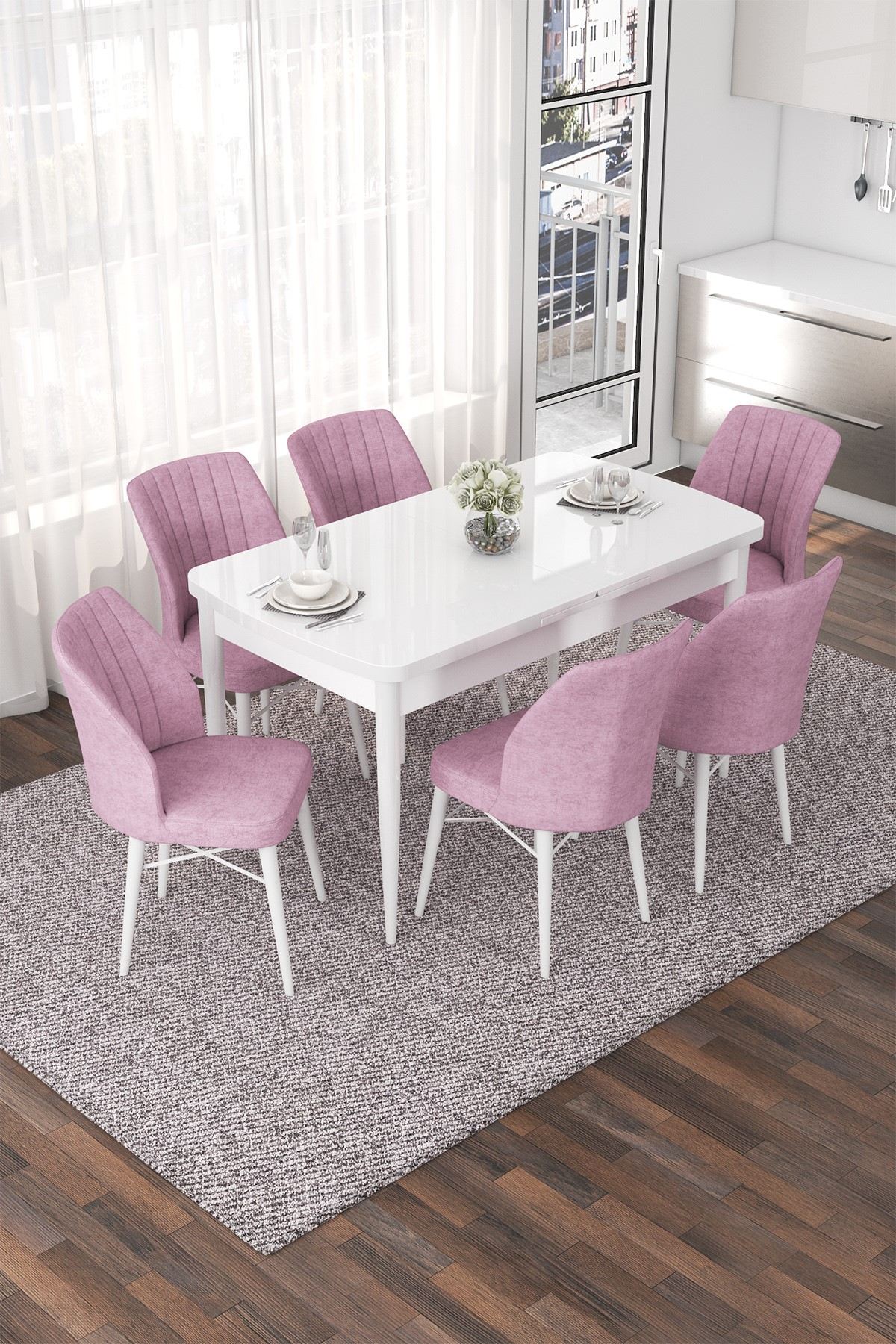 Conjunto de mesa de jantar extensível e cadeiras (7 peças)-Nef-Branco
Rosa