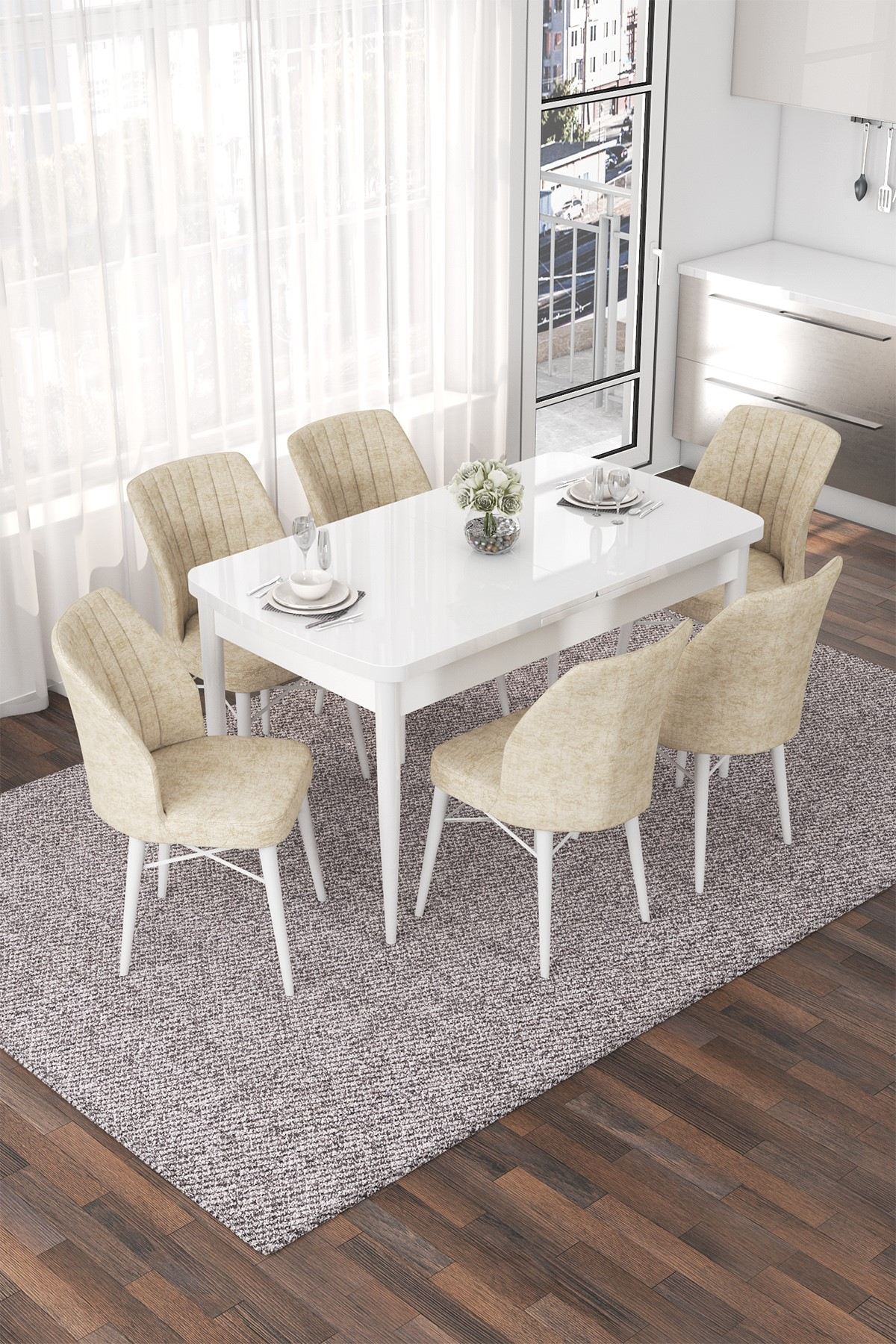 Conjunto de mesa de jantar extensível e cadeiras (7 peças)-Nef-Branco
Creme