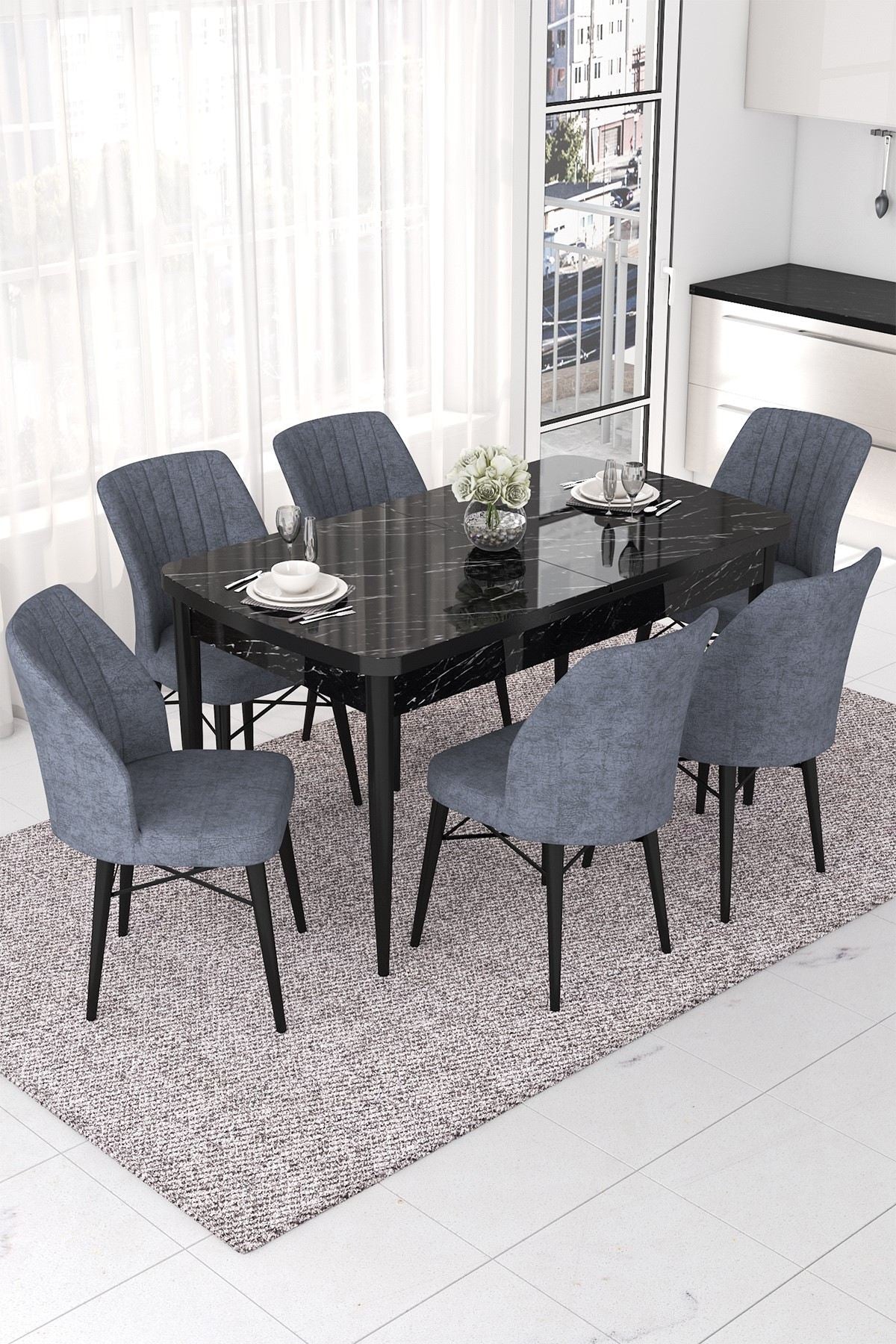 Conjunto de mesa de jantar extensível e cadeiras (7 peças)-Nef-Mármore Preto
Fumaça