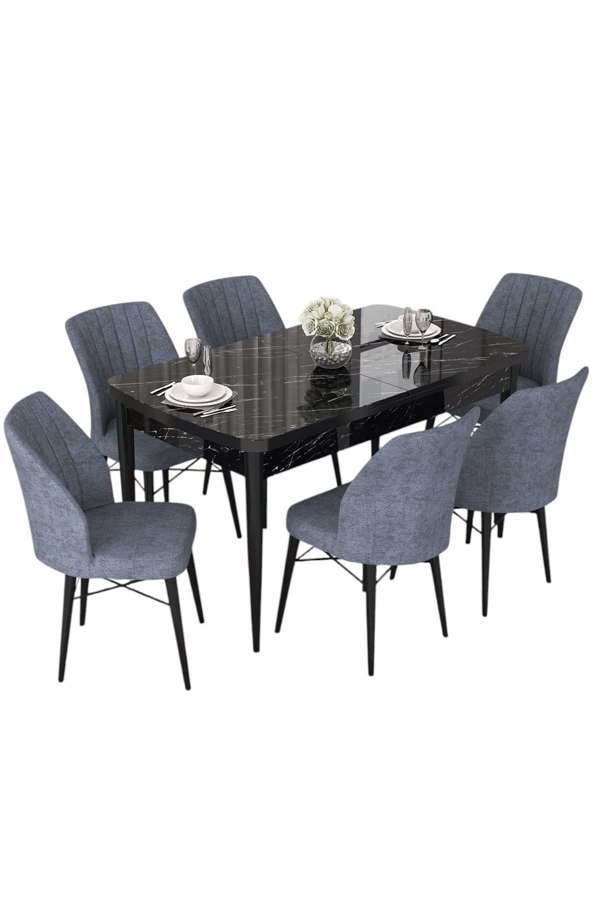 Conjunto de mesa de jantar extensível e cadeiras (7 peças)-Nef-Mármore Preto
Fumaça