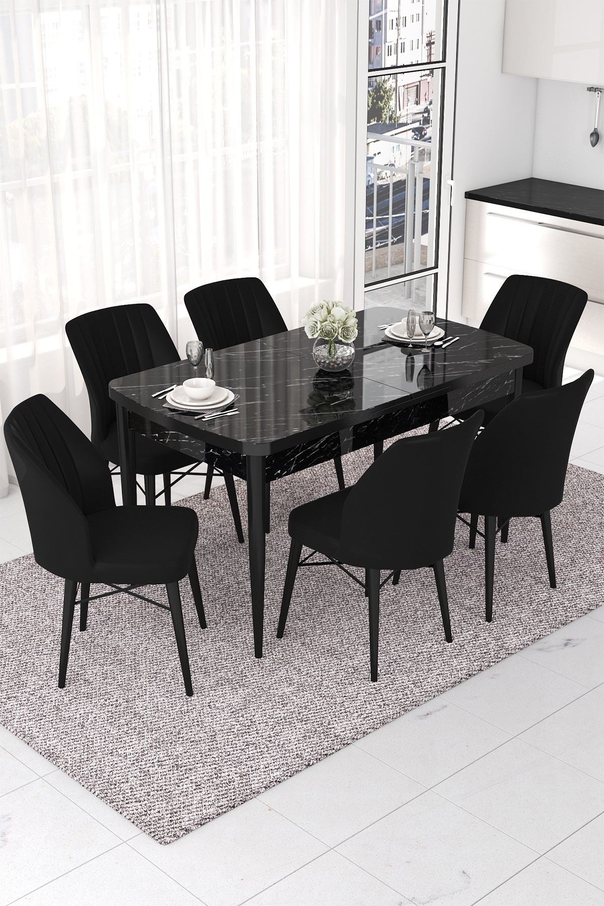 Conjunto de mesa de jantar extensível e cadeiras (7 peças)-Nef-Mármore Preto
Preto