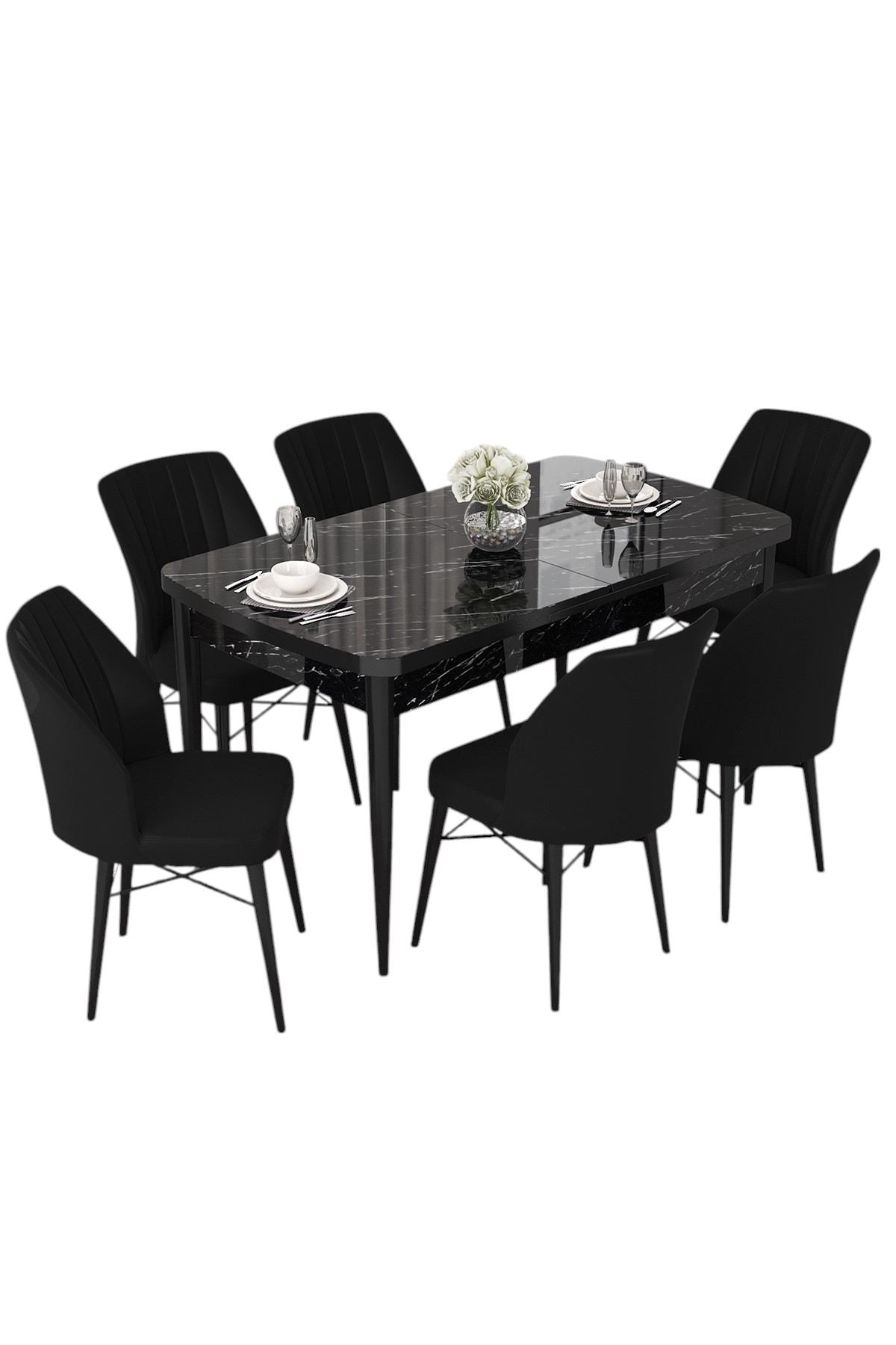 Conjunto de mesa de jantar extensível e cadeiras (7 peças)-Nef-Mármore Preto
Preto