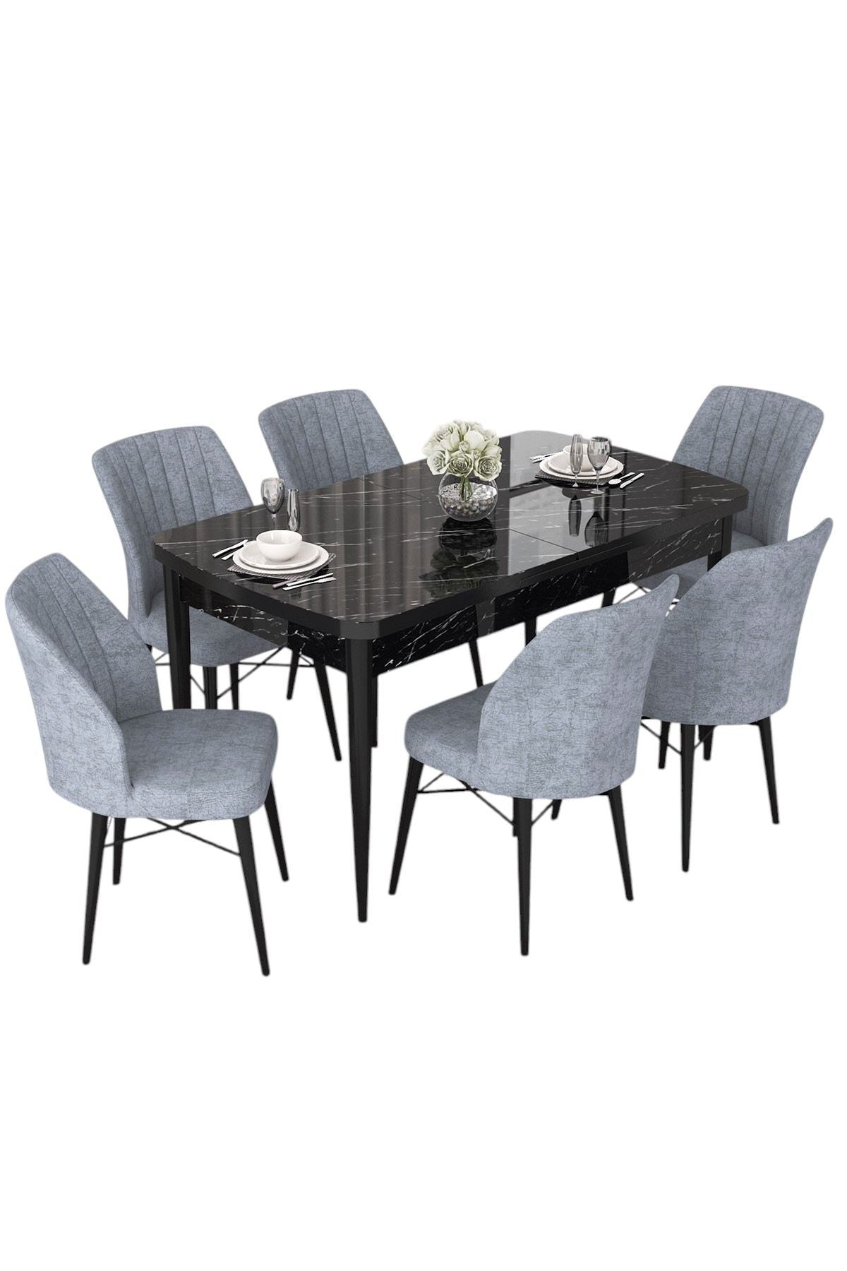 Conjunto de Mesa de Jantar Extensível e Cadeiras - 114x78x70cm - Mármore Preto e Cinza - MDF e Metal