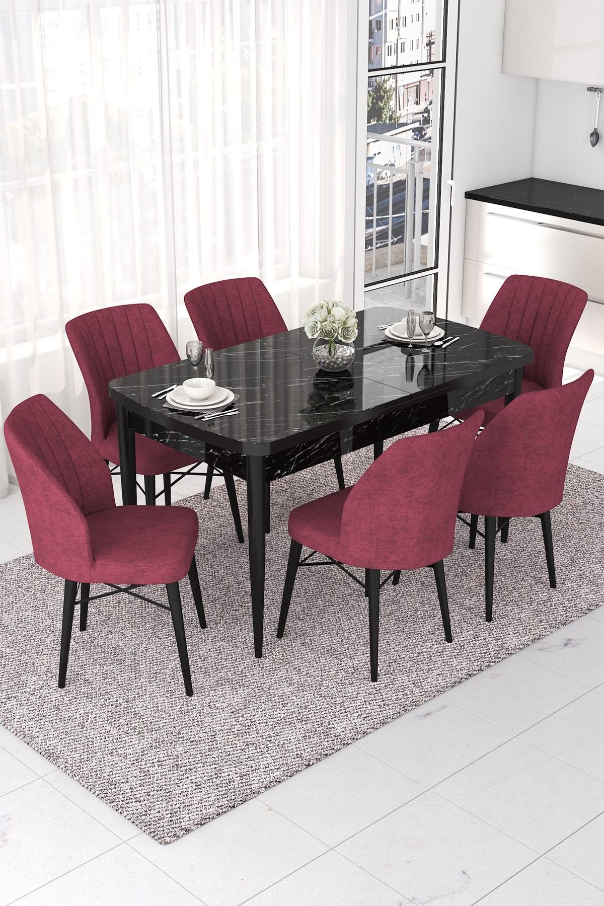 Conjunto de mesa de jantar extensível e cadeiras (7 peças)-Nef-Mármore Preto
Borgonha