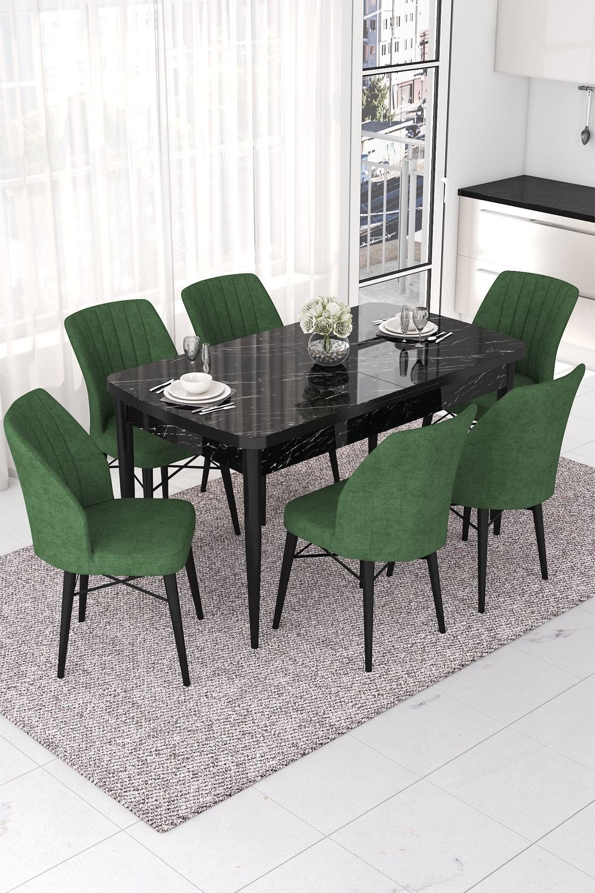 Conjunto de mesa de jantar extensível e cadeiras (7 peças)-Nef-Mármore Preto
Cáqui