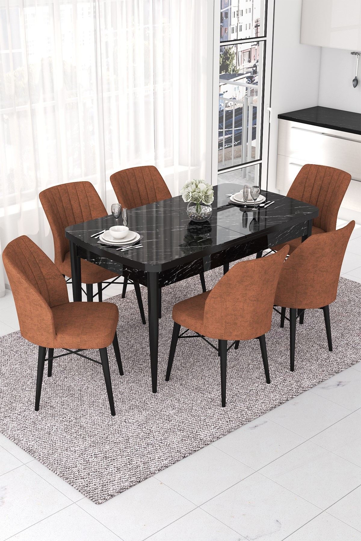 Conjunto de mesa de jantar extensível e cadeiras (7 peças)-Nef-Mármore Preto
Azulejo Vermelho