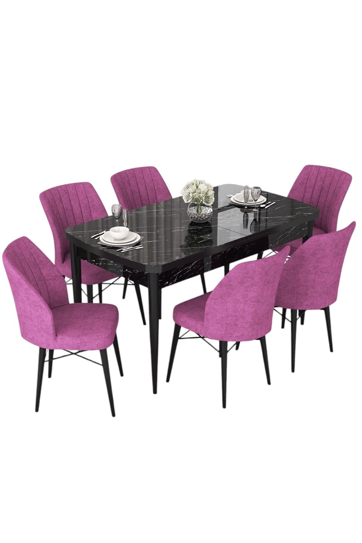 Conjunto de mesa de jantar extensível e cadeiras (7 peças)-Nef-Mármore Preto
Roxo