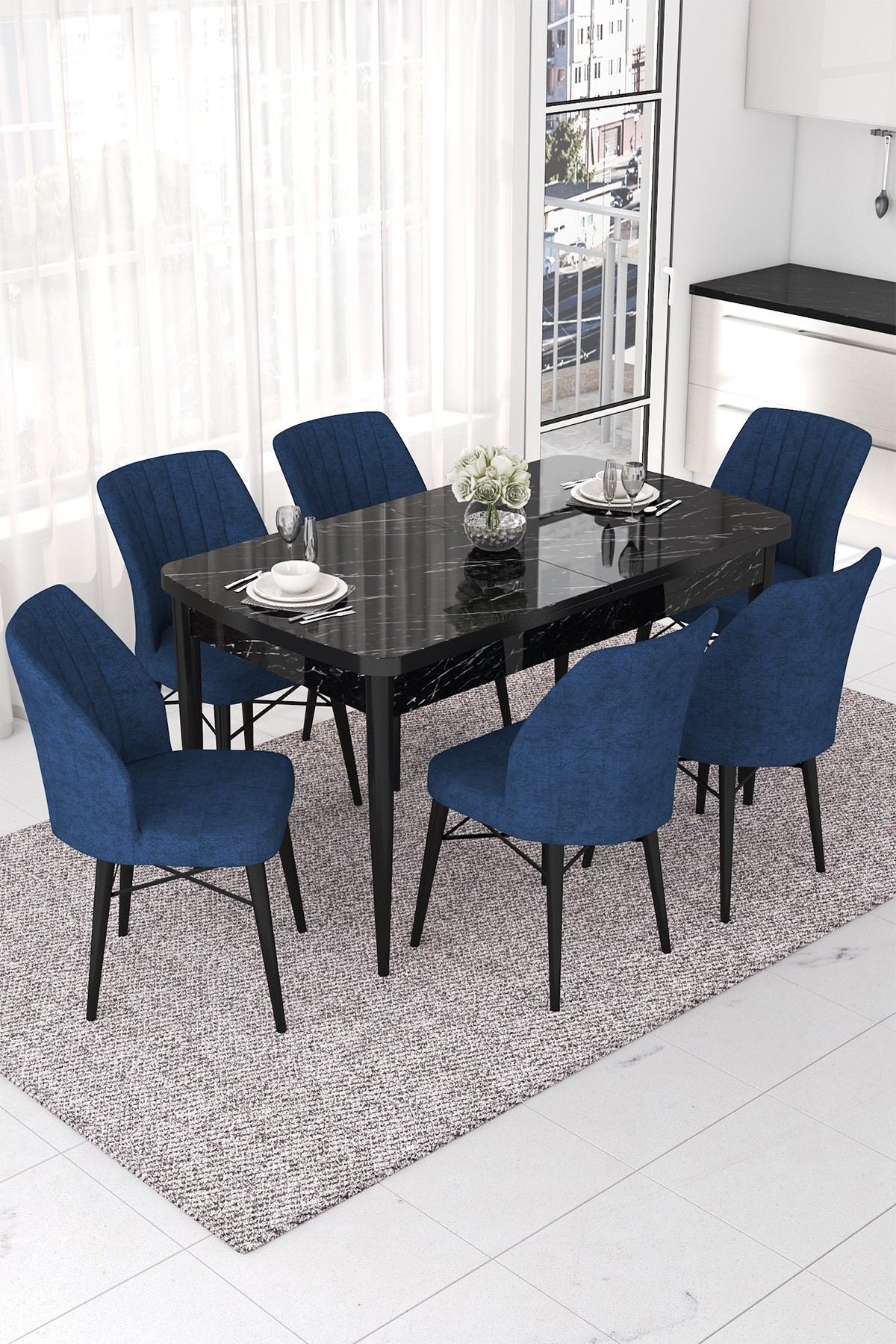 Conjunto de mesa de jantar extensível e cadeiras (7 peças)-Nef-Mármore Preto
Azul Marinho