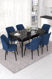 Conjunto de Mesa de Jantar Extensível e Cadeiras (7 Peças) – 114/144 cm – Mármore Preto e Azul-Marinho – MDF e Metal