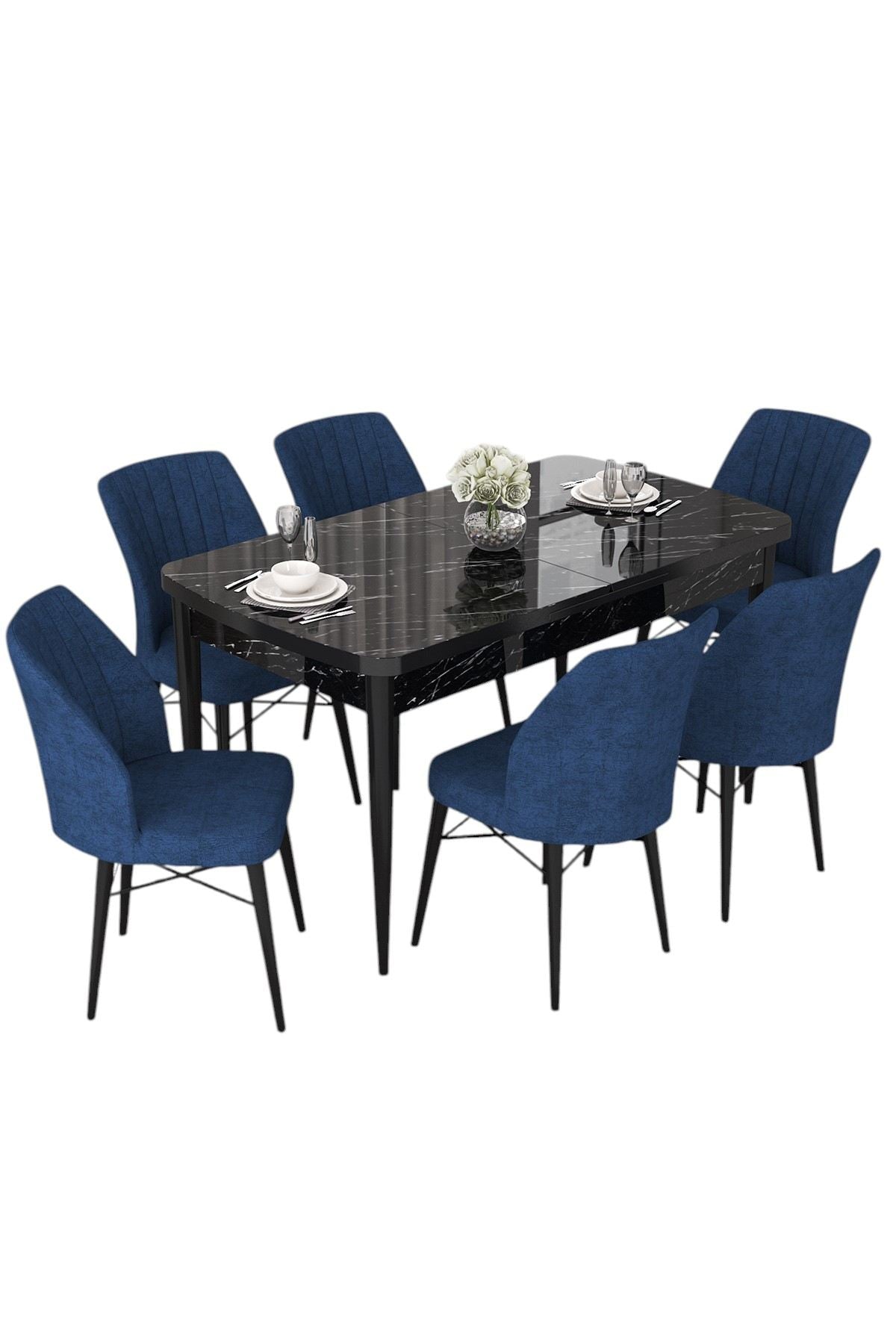 Conjunto de mesa de jantar extensível e cadeiras (7 peças)-Nef-Mármore Preto
Azul Marinho