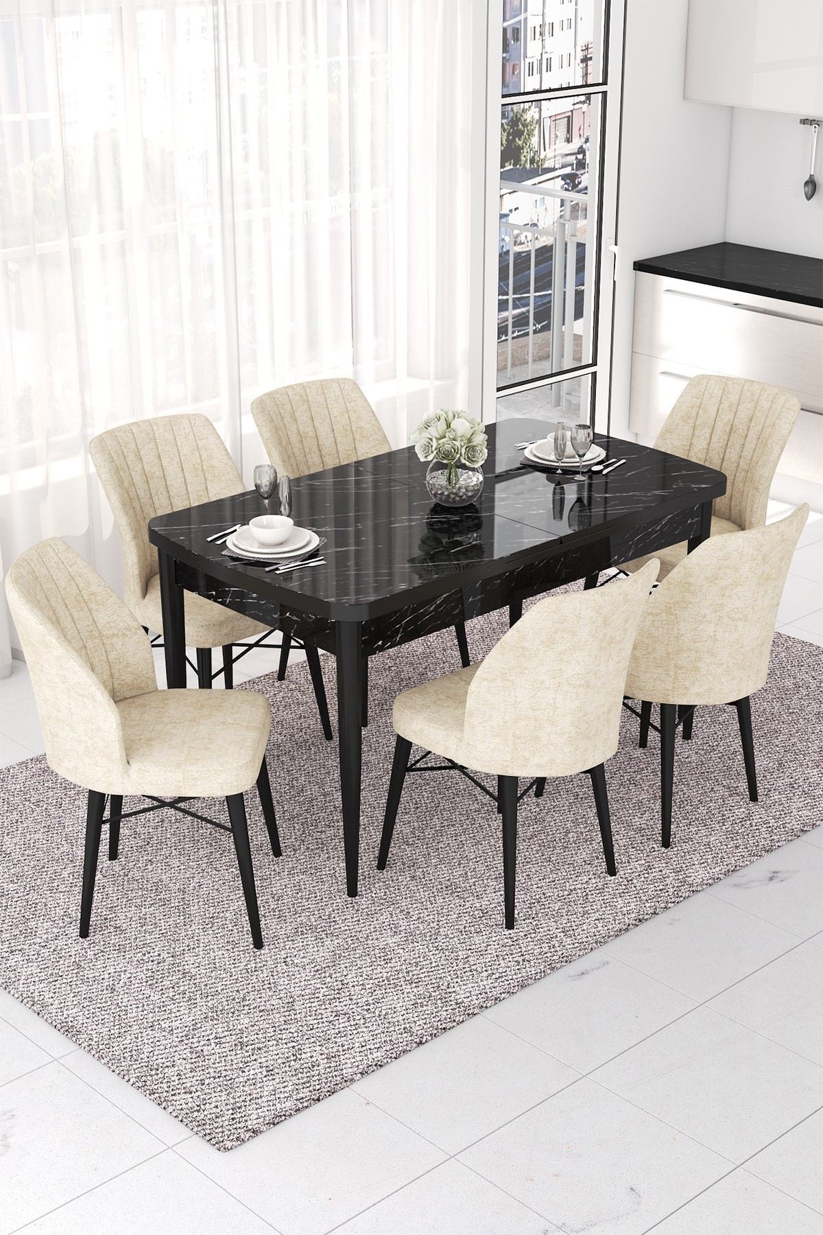 Conjunto de mesa de jantar extensível e cadeiras (7 peças)-Nef-Mármore Preto
Creme
