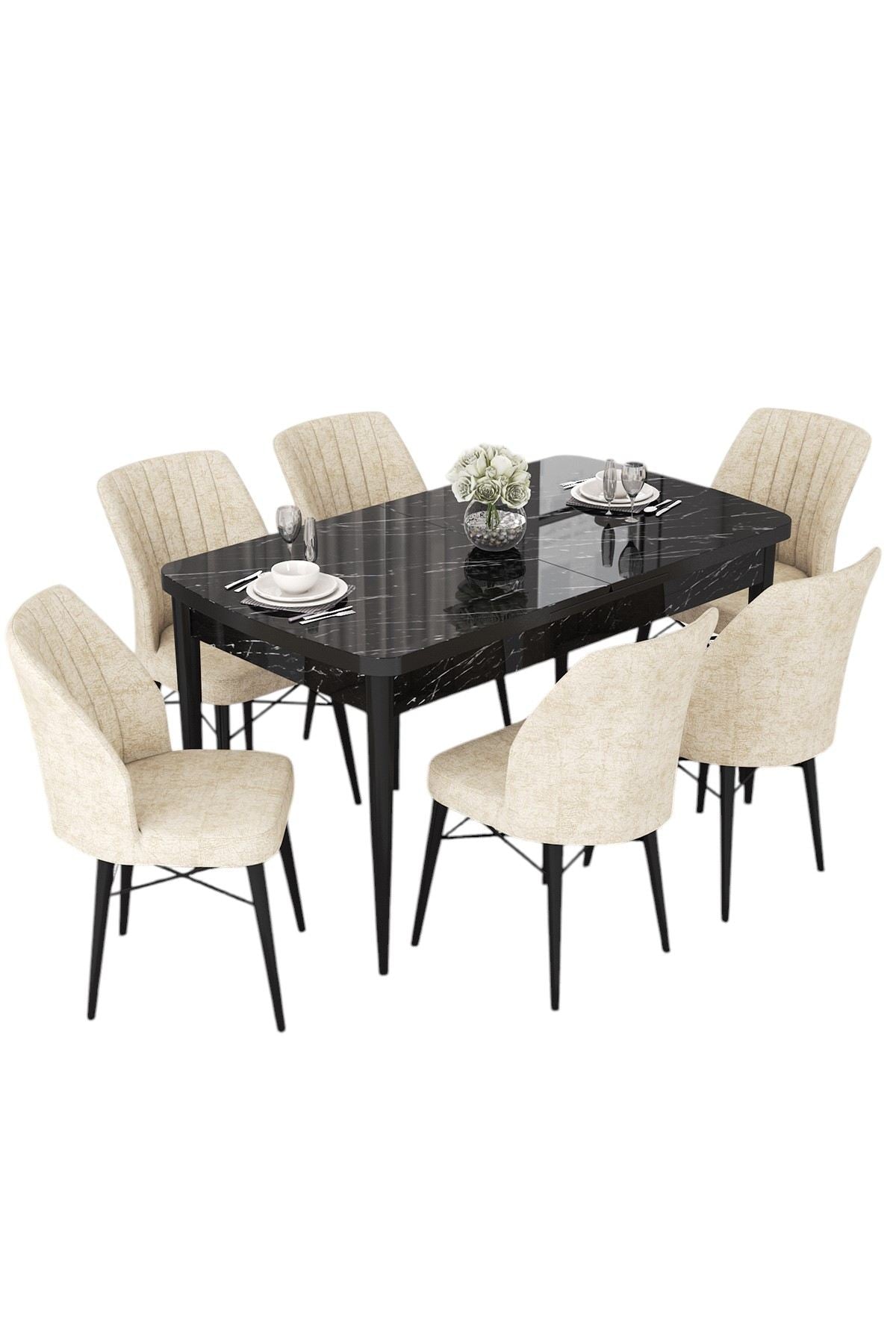 Conjunto de mesa de jantar extensível e cadeiras (7 peças)-Nef-Mármore Preto
Creme