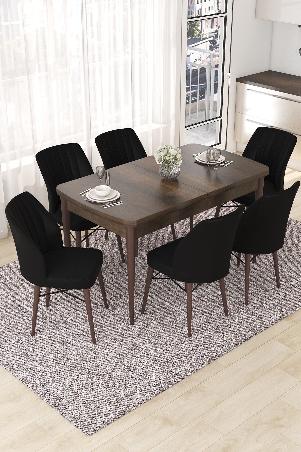 Conjunto de mesa de jantar extensível e cadeiras (7 peças)-Nef-Barroco
Preto