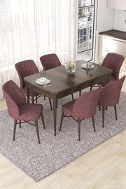 Conjunto de mesa de jantar extensível e cadeiras (7 peças) – 114 cm x 78 cm x 70 cm – Rosa Empoeirado – MDF e metal