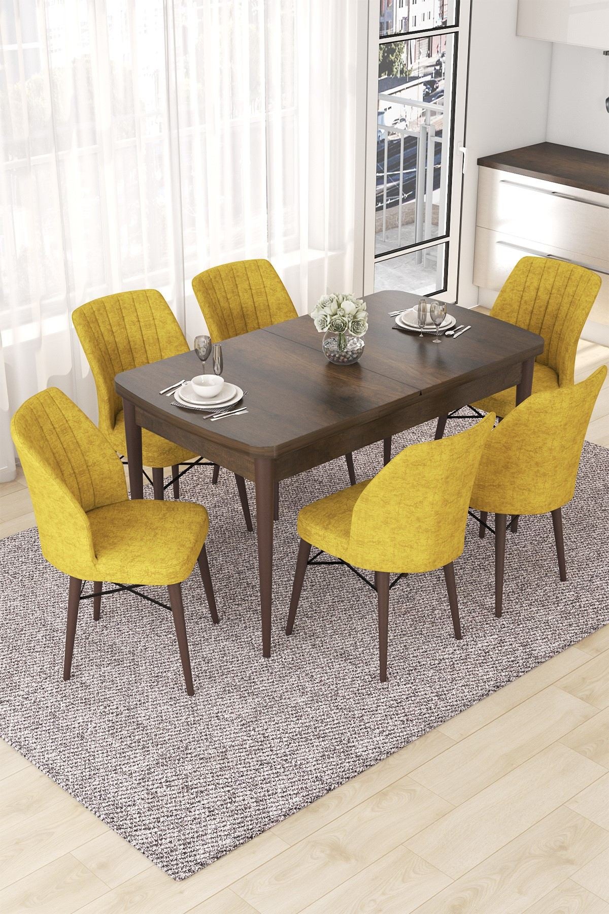 Conjunto de mesa de jantar extensível e cadeiras (7 peças)-Nef-Barroco
Mostarda