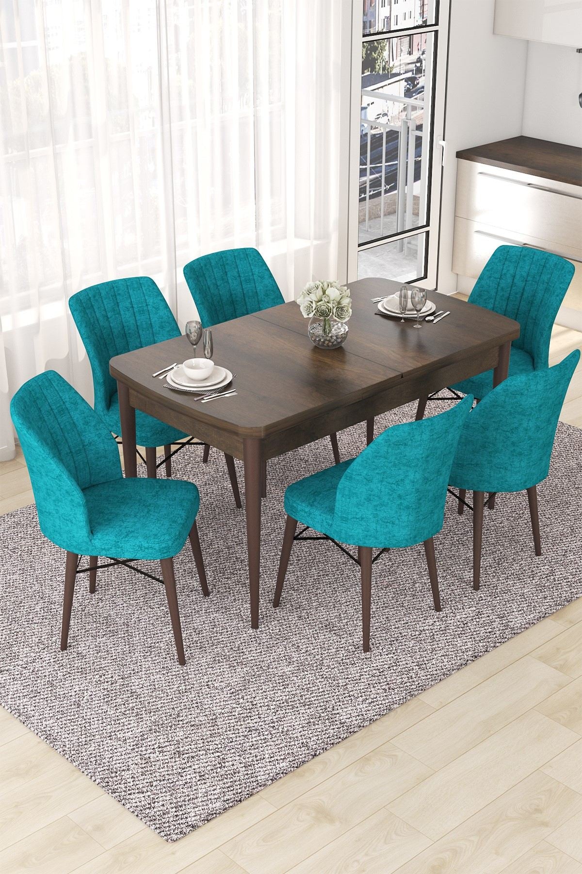 Conjunto de mesa de jantar extensível e cadeiras (7 peças)-Nef-Barroco
Turquesa
