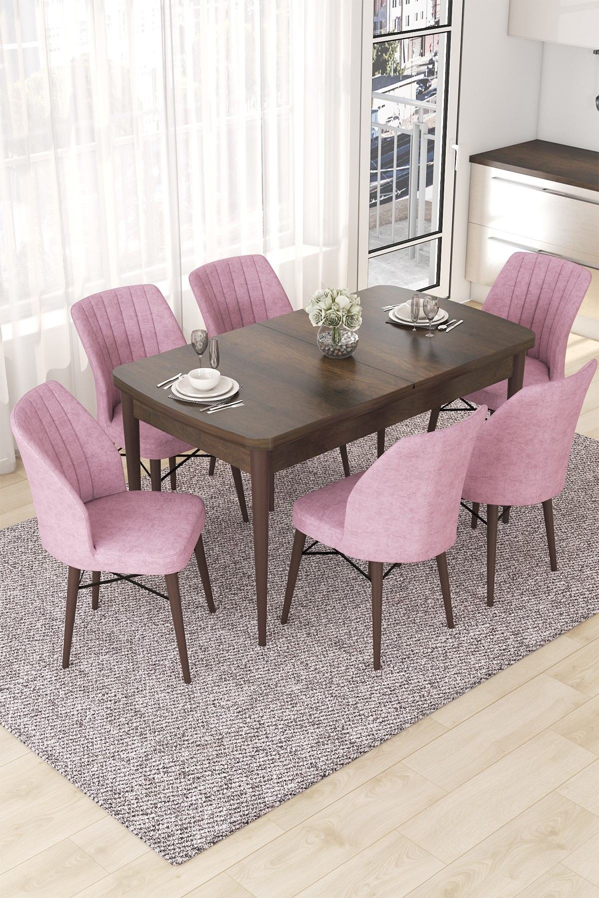 Conjunto de mesa de jantar extensível e cadeiras (7 peças)-Nef-Barroco
Rosa