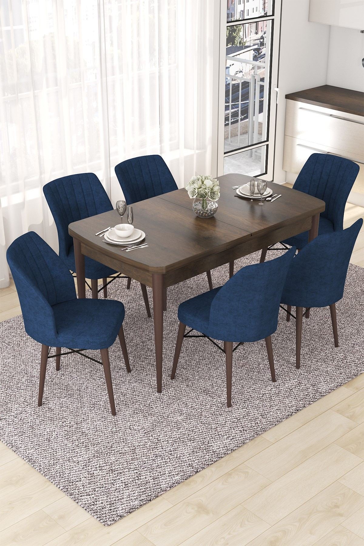 Conjunto de mesa de jantar extensível e cadeiras (7 peças)-Nef-Barroco
Azul-marinho