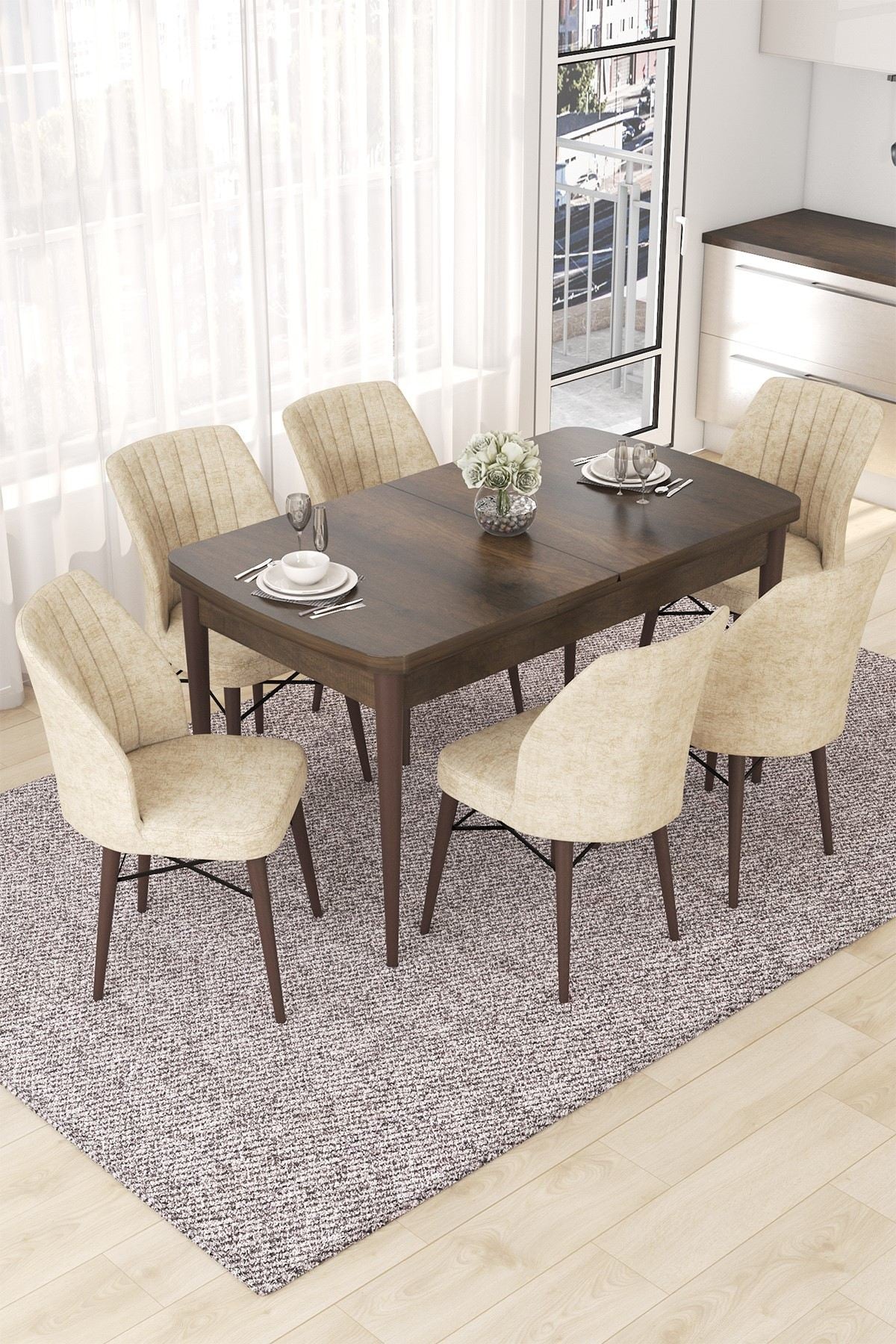 Conjunto de mesa de jantar extensível e cadeiras (7 peças)-Nef-Barroco
Creme