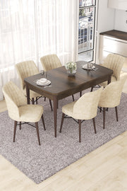 Conjunto de Mesa de Jantar Extensível e Cadeiras (7 peças) – 114 cm x 78 cm x 70 cm (cerrada) e 144 cm x 78 cm x 70 cm (aberta) – Barroco e Creme – MDF com pernas de madeira e metal