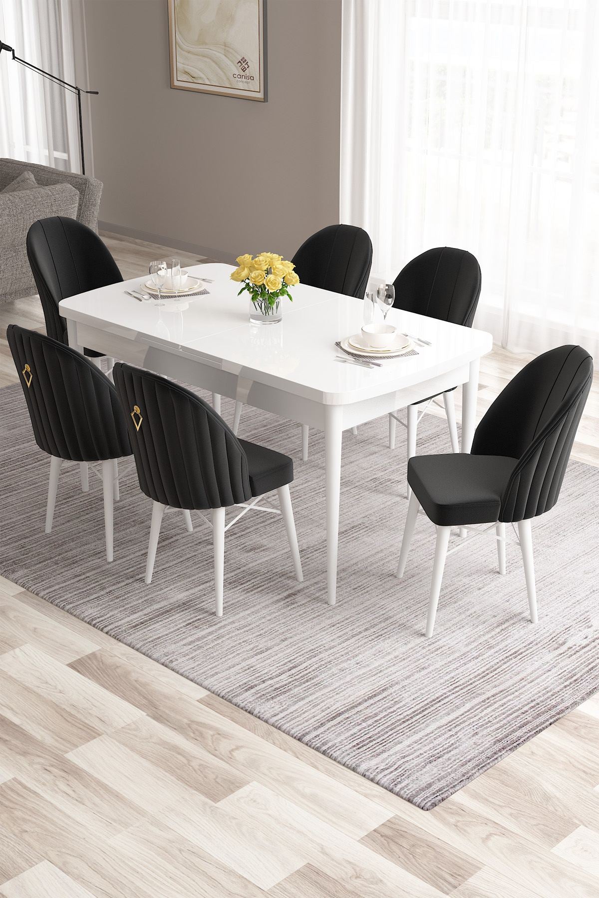 Conjunto de mesa de jantar extensível e cadeiras (7 peças)-Roz-Branco
Preto