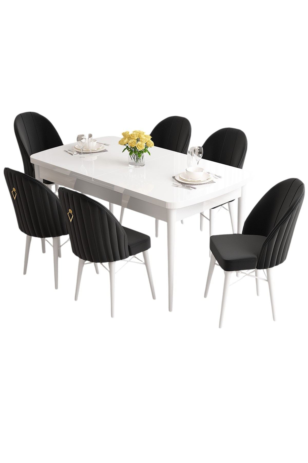 Conjunto de mesa de jantar extensível e cadeiras (7 peças)-Roz-Branco
Preto