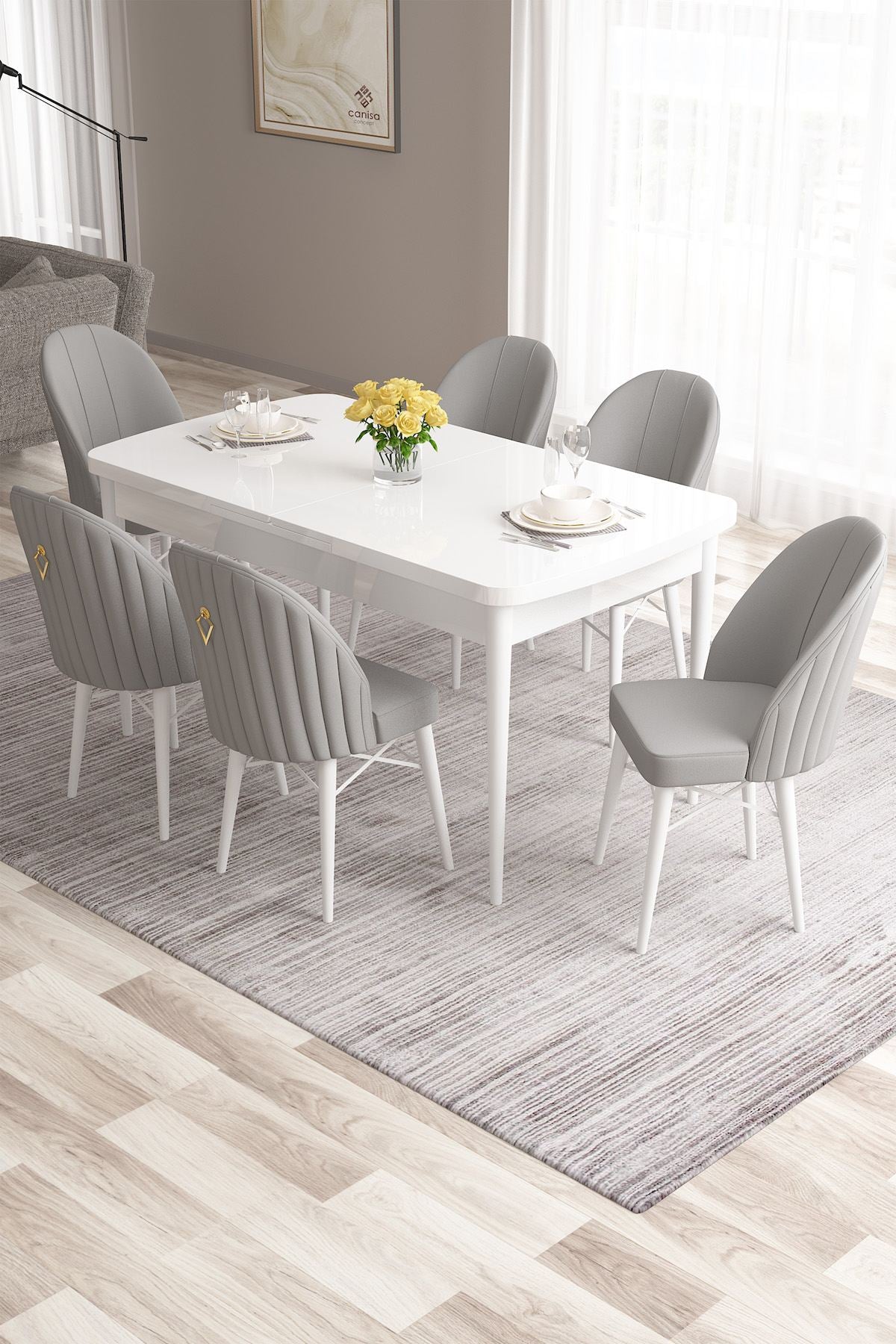 Conjunto de mesa de jantar extensível e cadeiras (7 peças)-Roz-Branco
Cinza