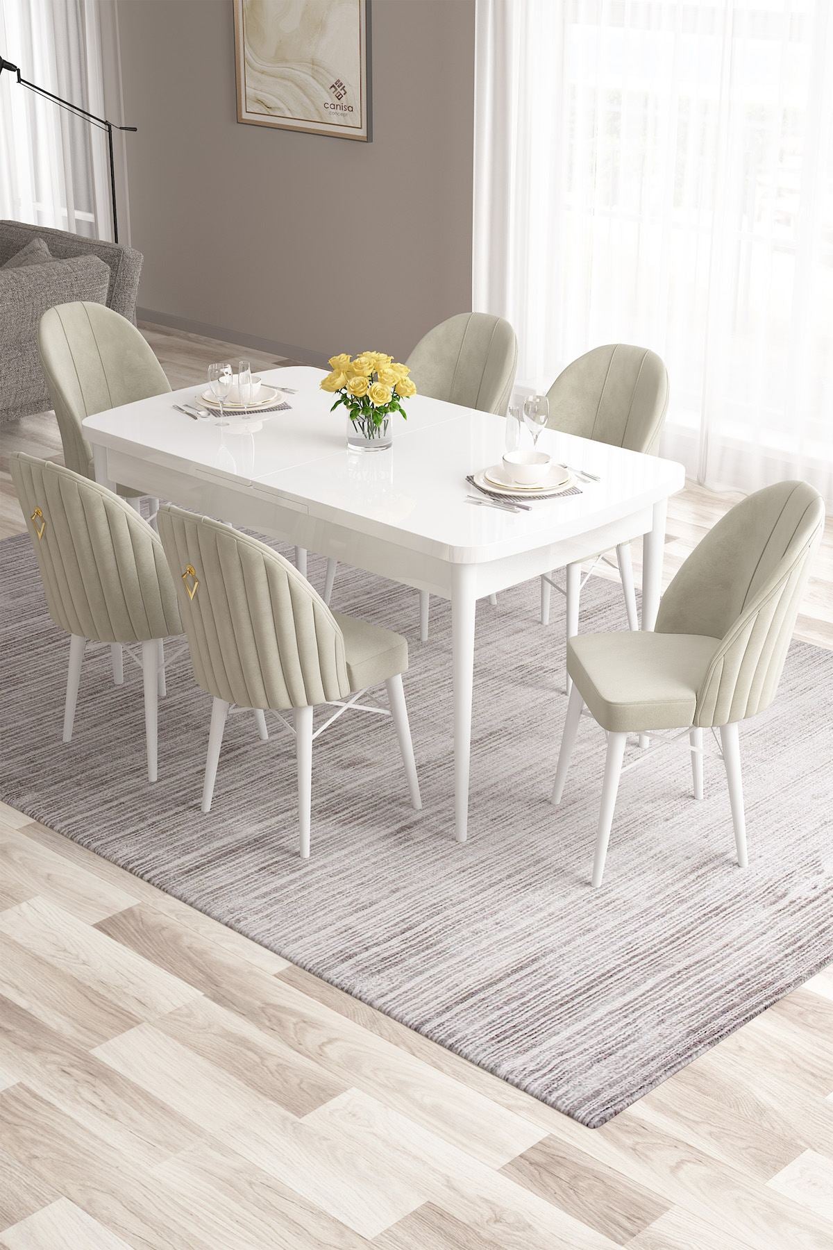Conjunto de mesa de jantar extensível e cadeiras (7 peças)-Roz-Branco
Creme
