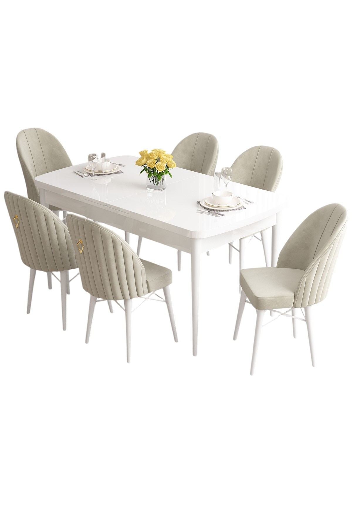 Conjunto de mesa de jantar extensível e cadeiras (7 peças)-Roz-Branco
Creme