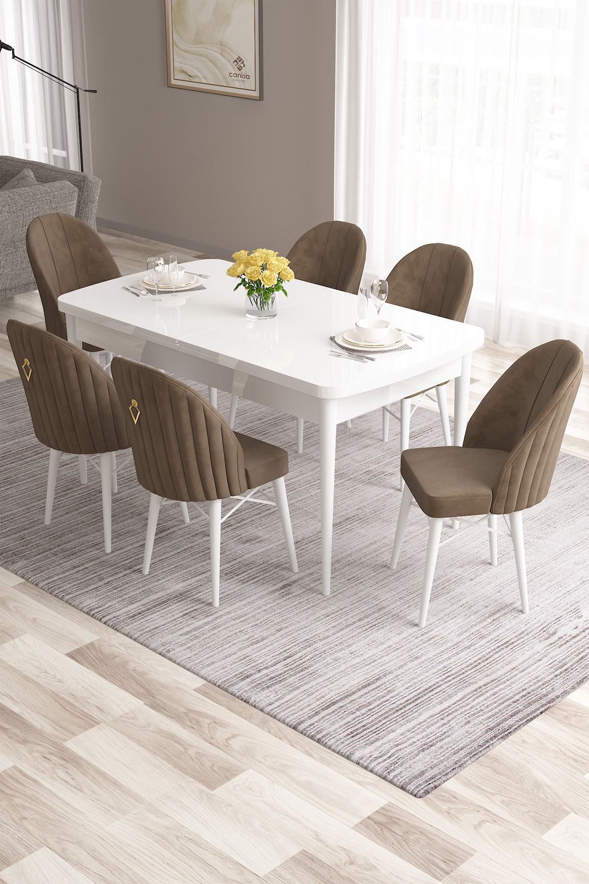 Conjunto de mesa de jantar extensível e cadeiras (7 peças)-Roz-Branco
Marrom