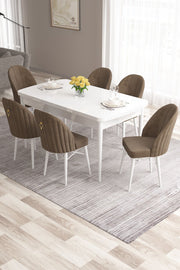 Conjunto de mesa de jantar extensível e cadeiras (7 peças) – 132 cm x 80 cm x 78 cm – Branco e Marrom – MDF e Metal