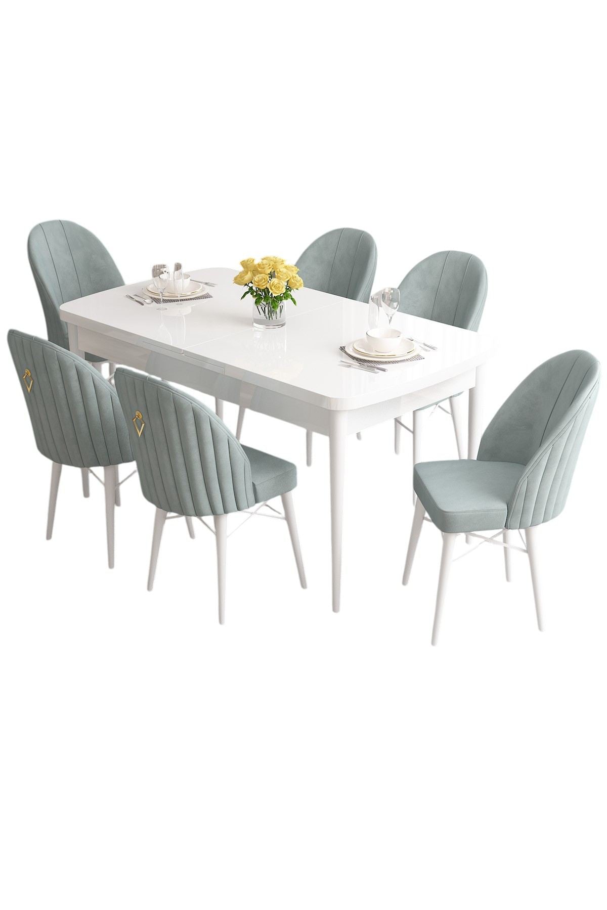Conjunto de mesa de jantar extensível e cadeiras (7 peças)-Roz-Branco
Verde-mar
