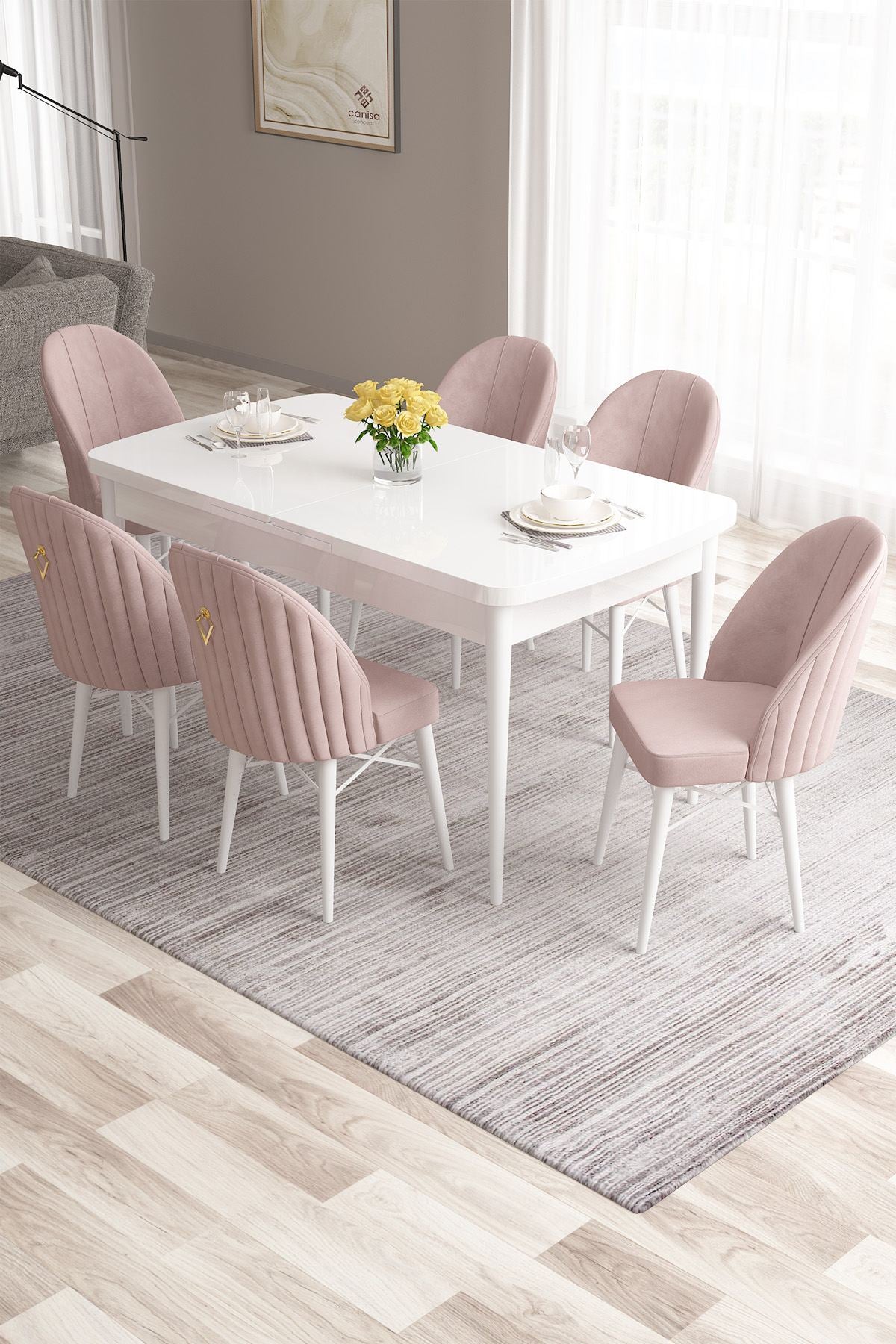 Conjunto de mesa de jantar extensível e cadeiras (7 peças)-Roz-Branco
Rosa