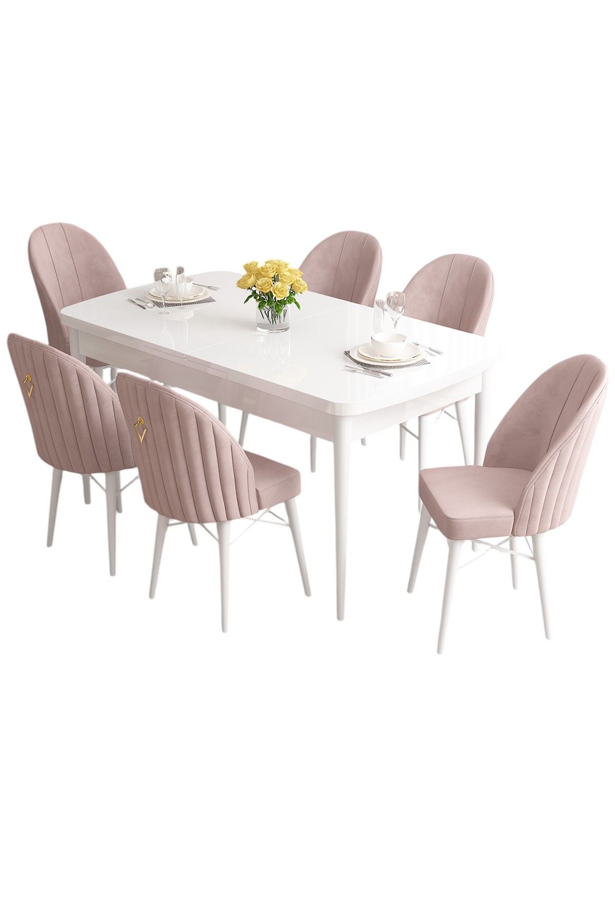 Conjunto de mesa de jantar extensível e cadeiras (7 peças)-Roz-Branco
Rosa