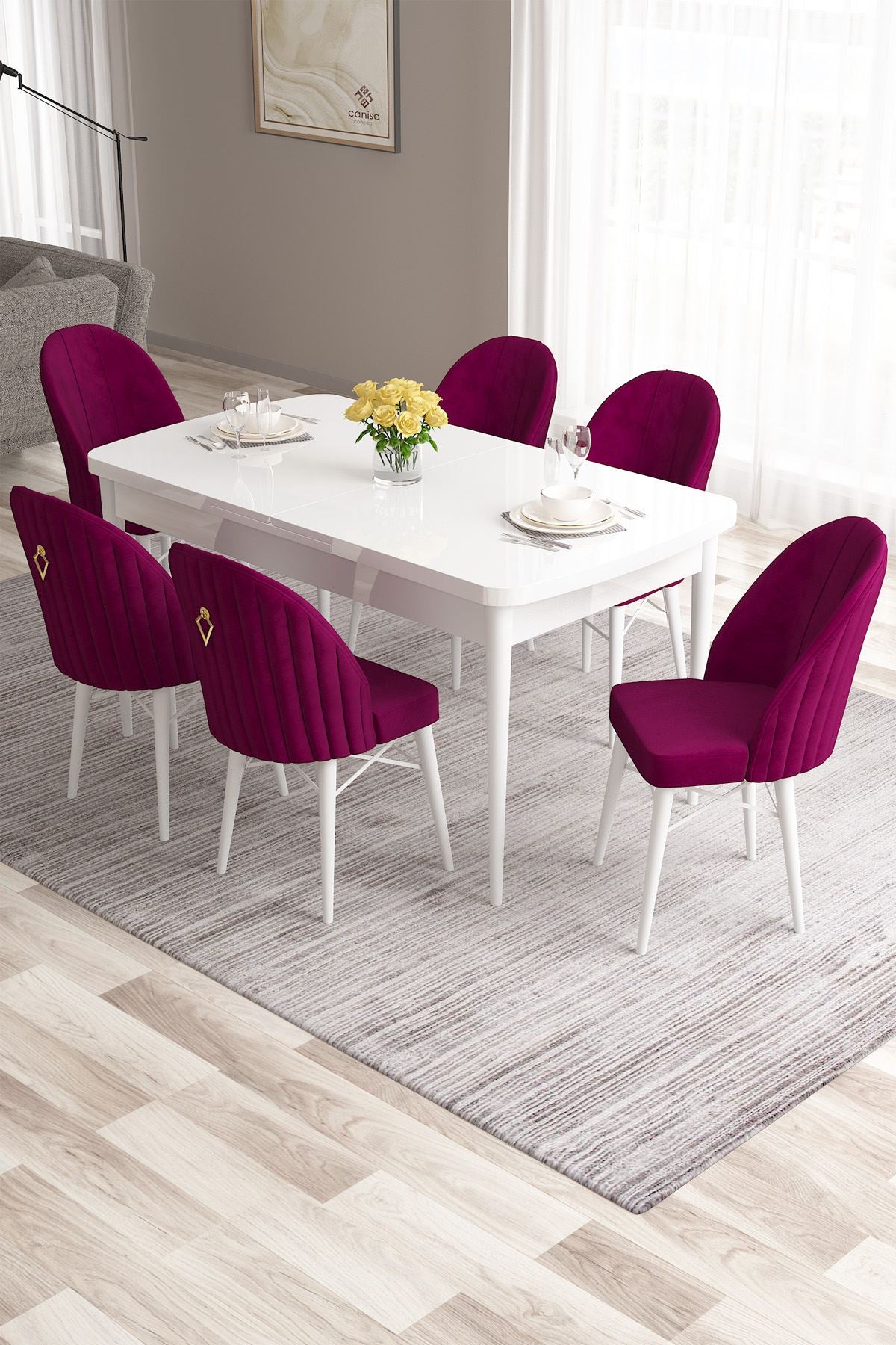 Conjunto de mesa de jantar extensível e cadeiras (7 peças)-Roz-Ameixa Branca