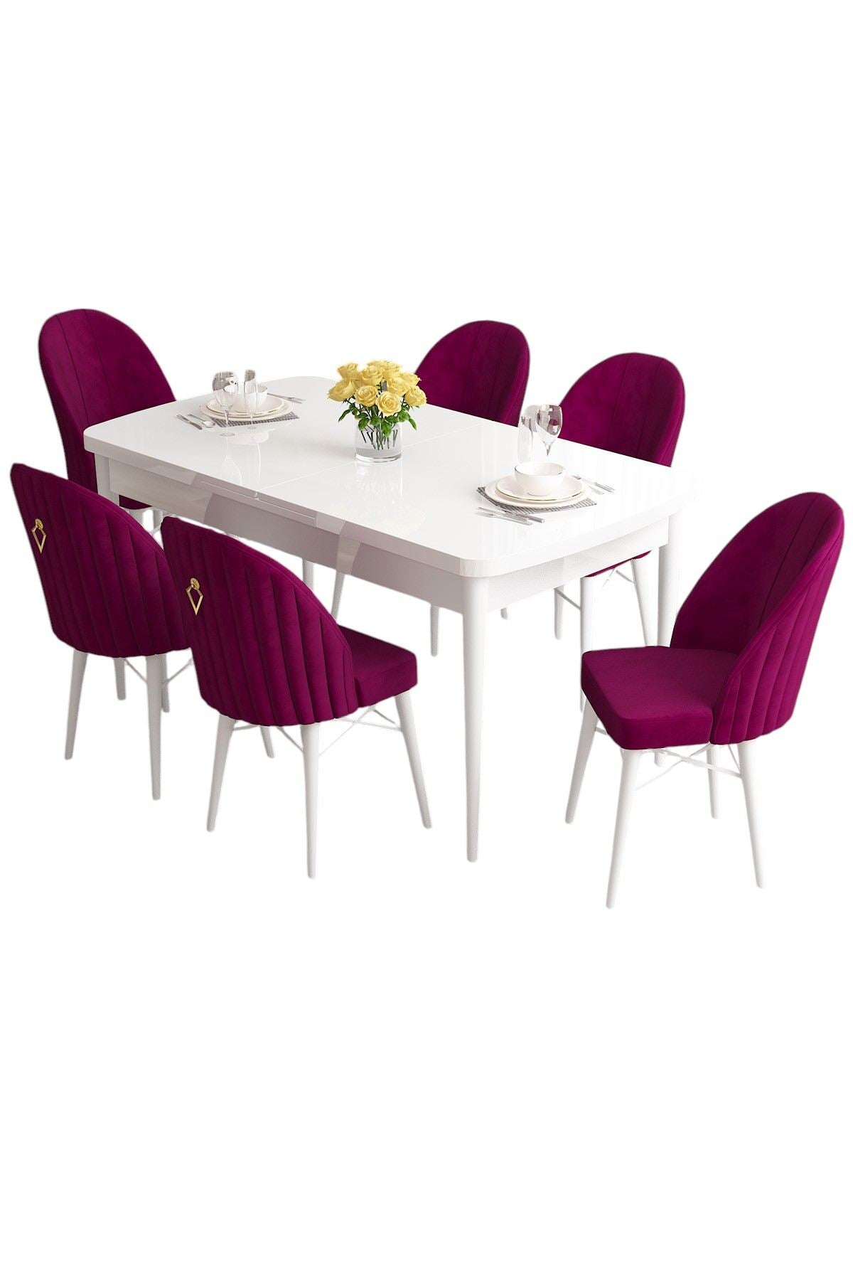 Conjunto de mesa de jantar extensível e cadeiras (7 peças)-Roz-Ameixa Branca